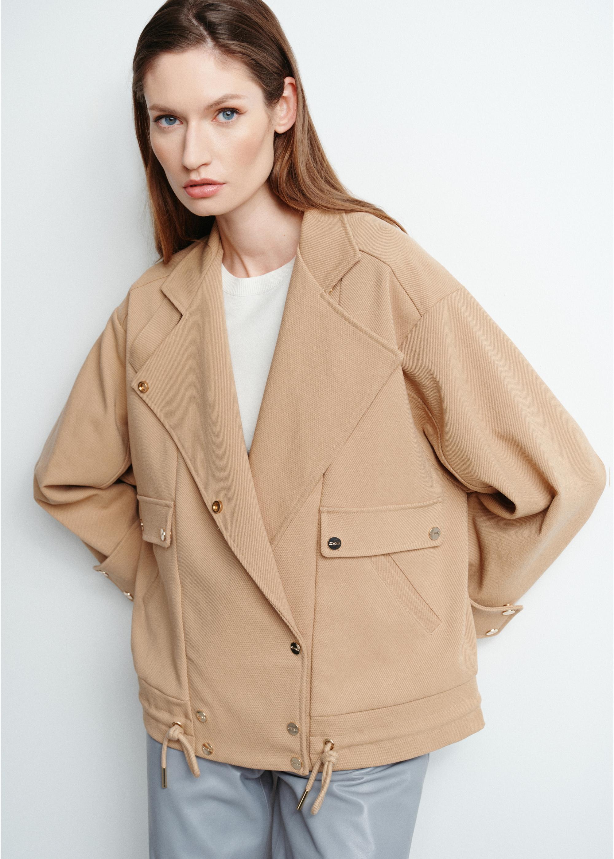 Women's short beige ribbed coat KURDT-0499-81(W24)-02