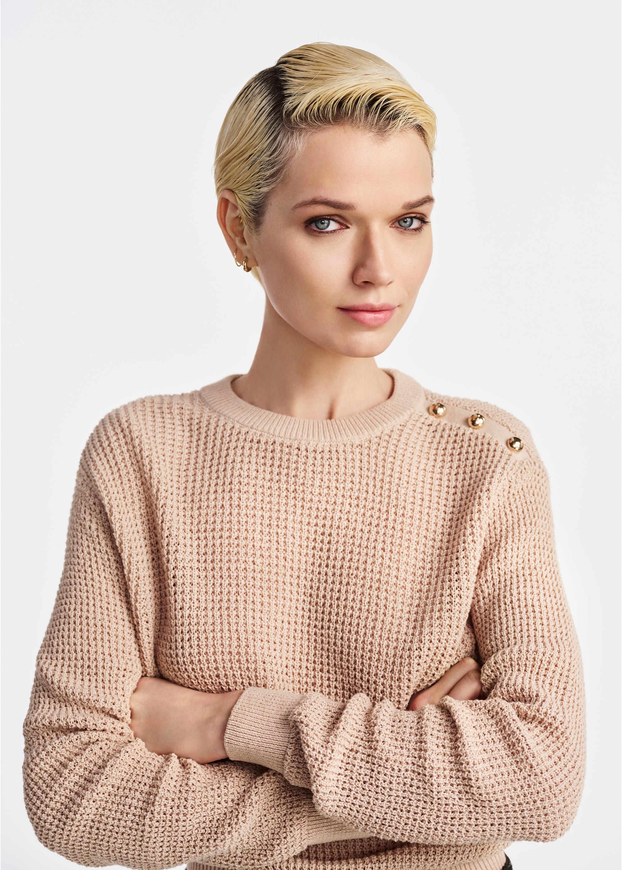 Beige openwork women's sweater SWEDT-0232-81(W25)-02