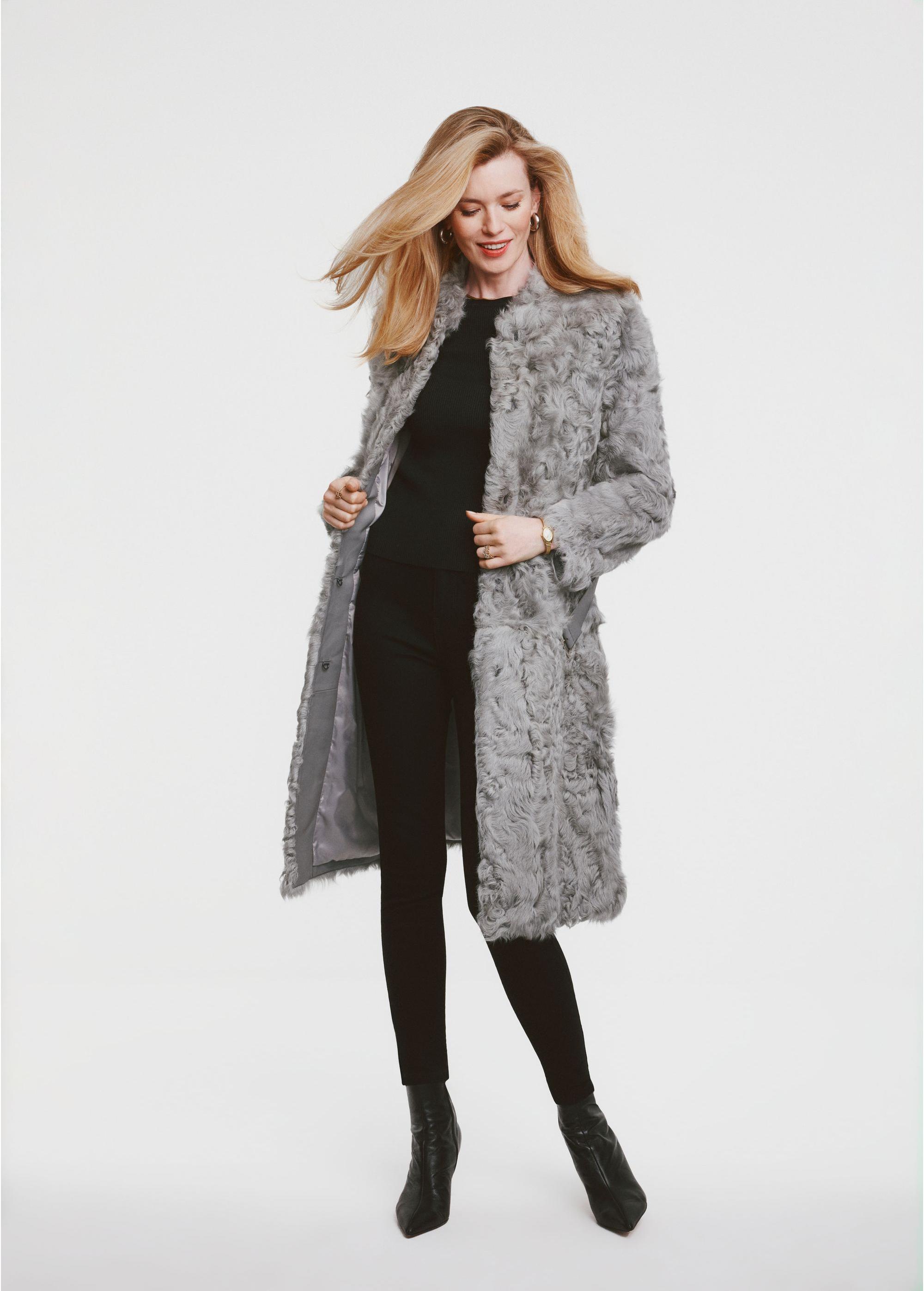 Gray long women's fur coat with belt FUTDF-0106-1671(Z24)-03