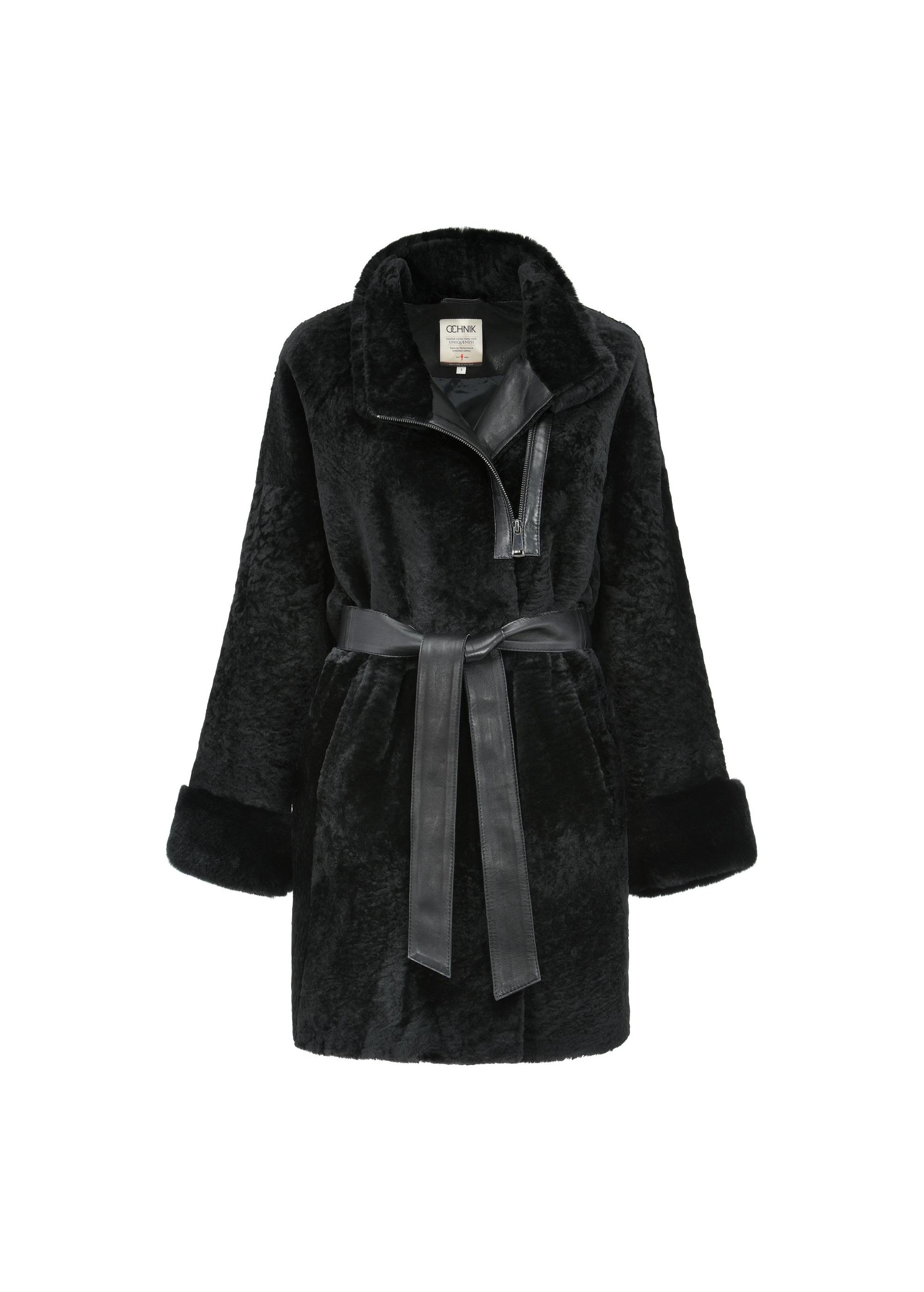 Black leather women's sheepskin coat KOZDS-0079-3175(Z24)-04