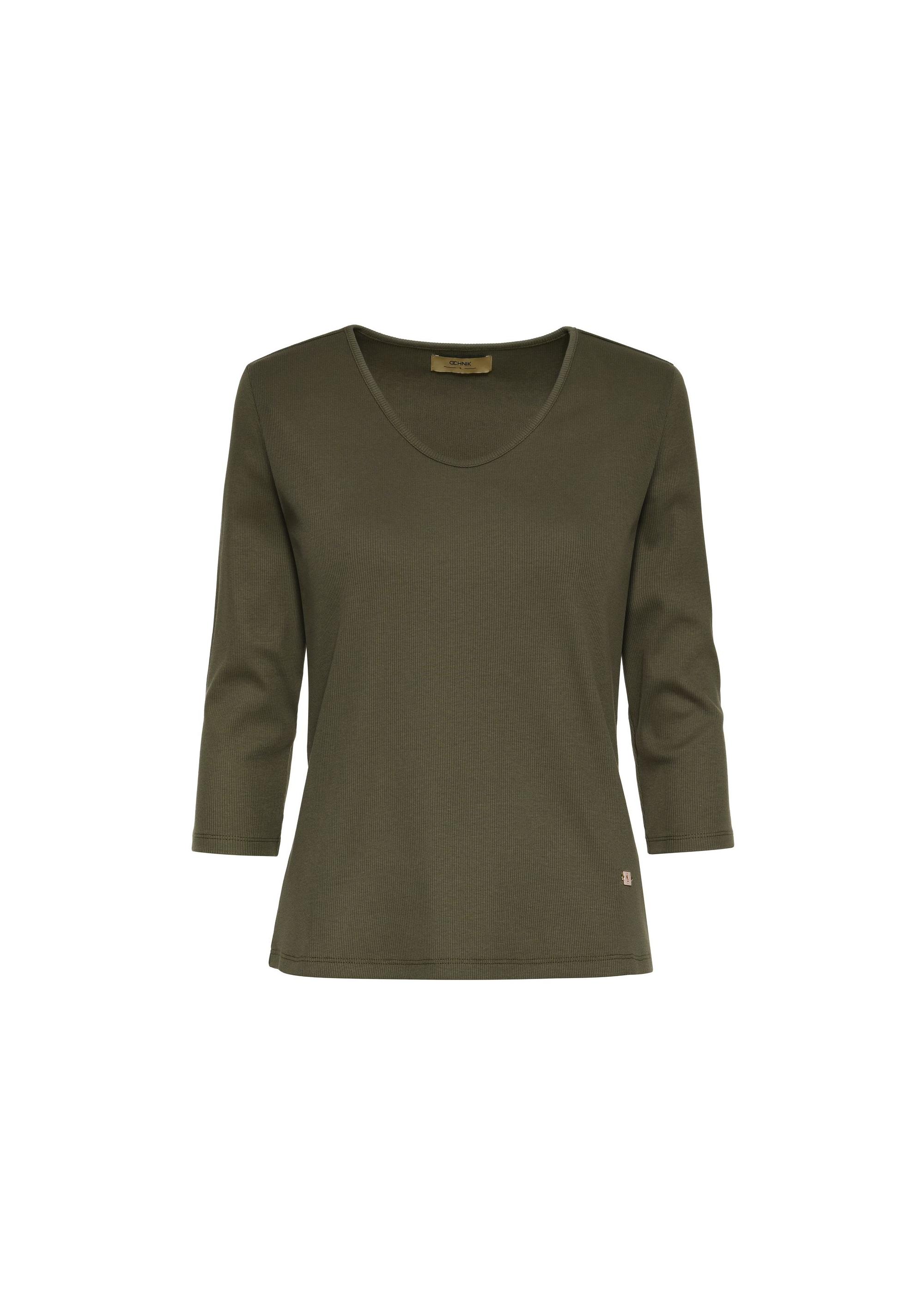 Women's khaki V-neck blouse LSLDT-0036-55(Z24)-01