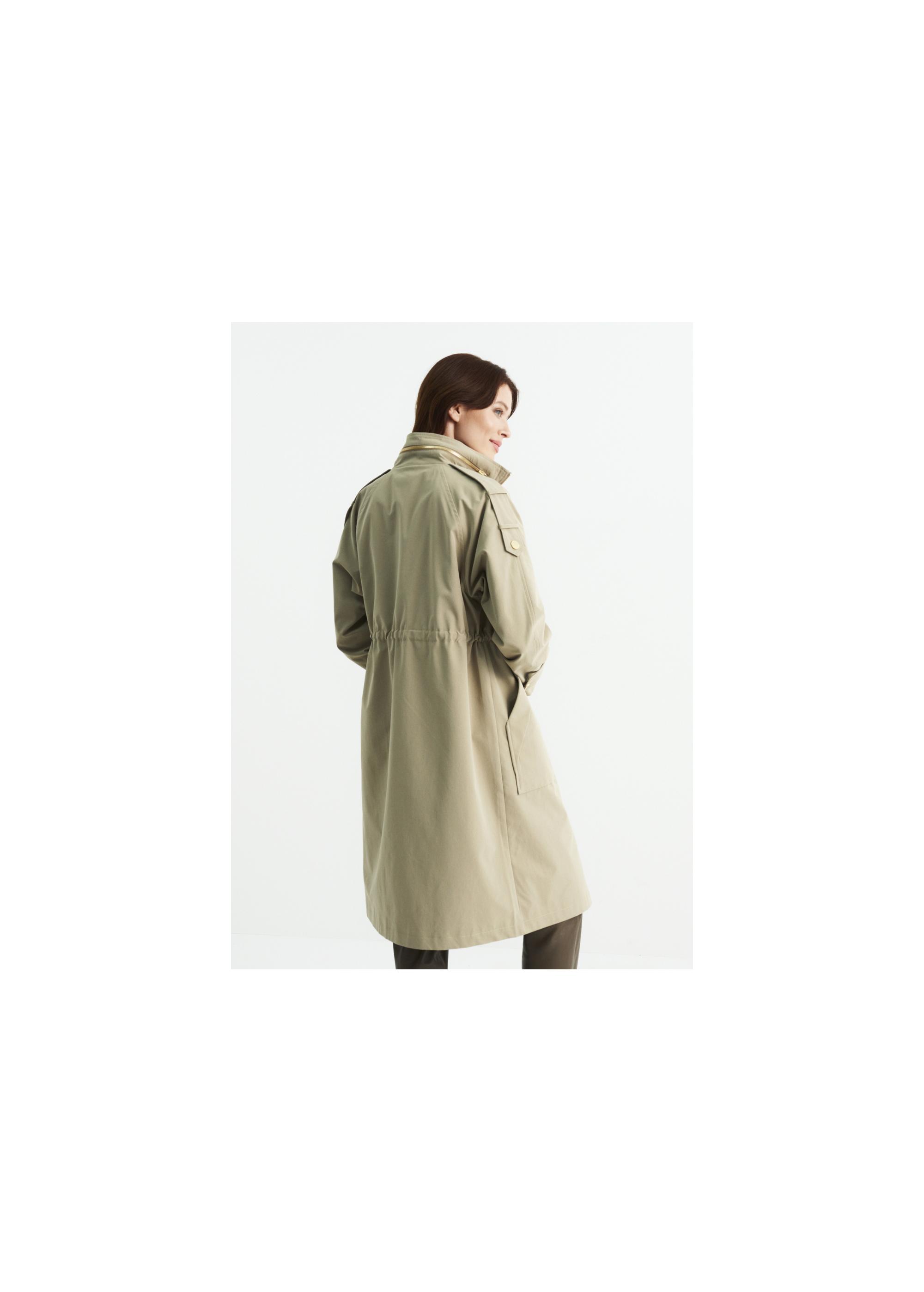 Women's olive colored coat with a button closure KURDT-0353-57(W22)-04