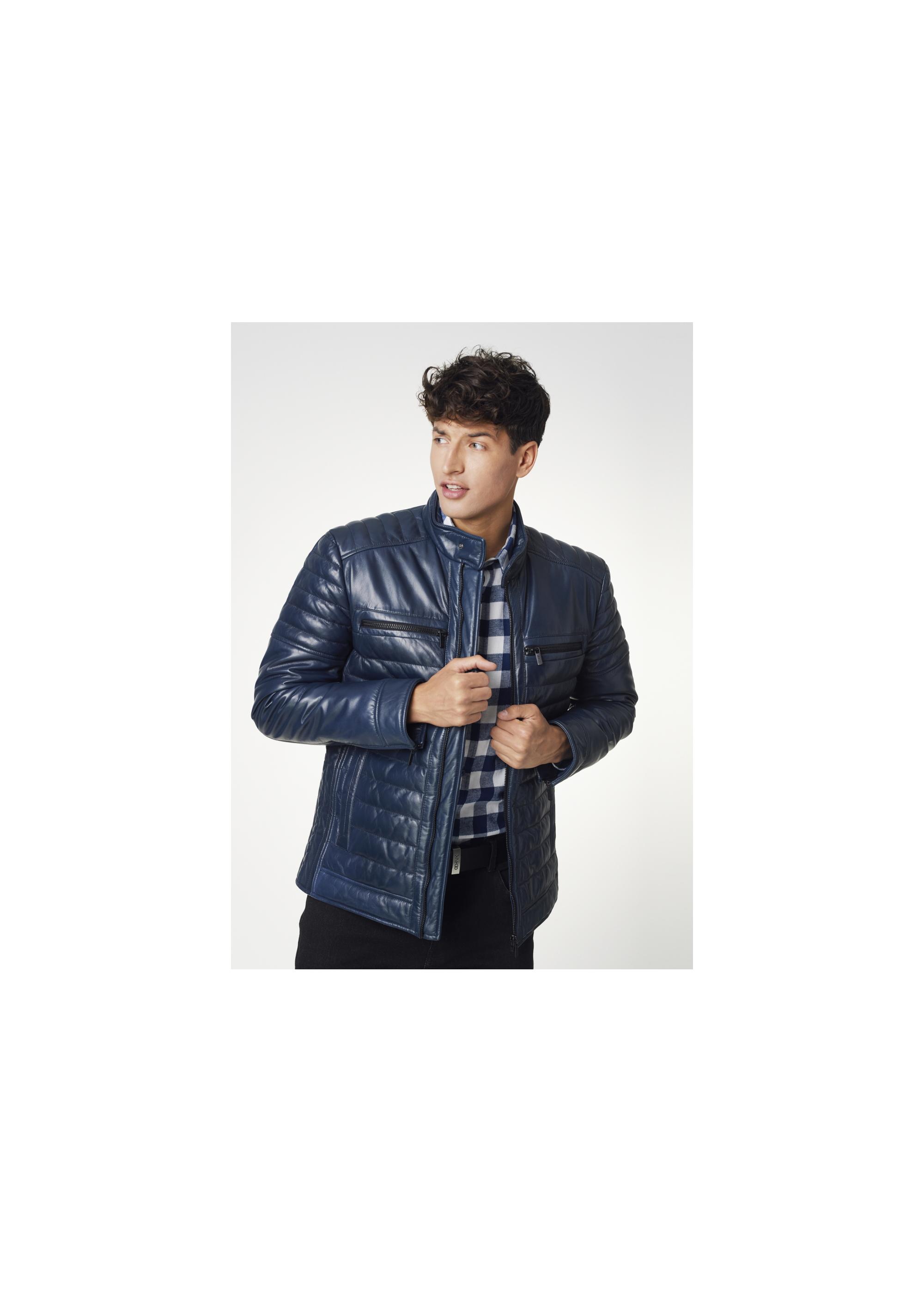 Men's navy blue glossy leather jacket KURMS-0195-4517(Z21)-01