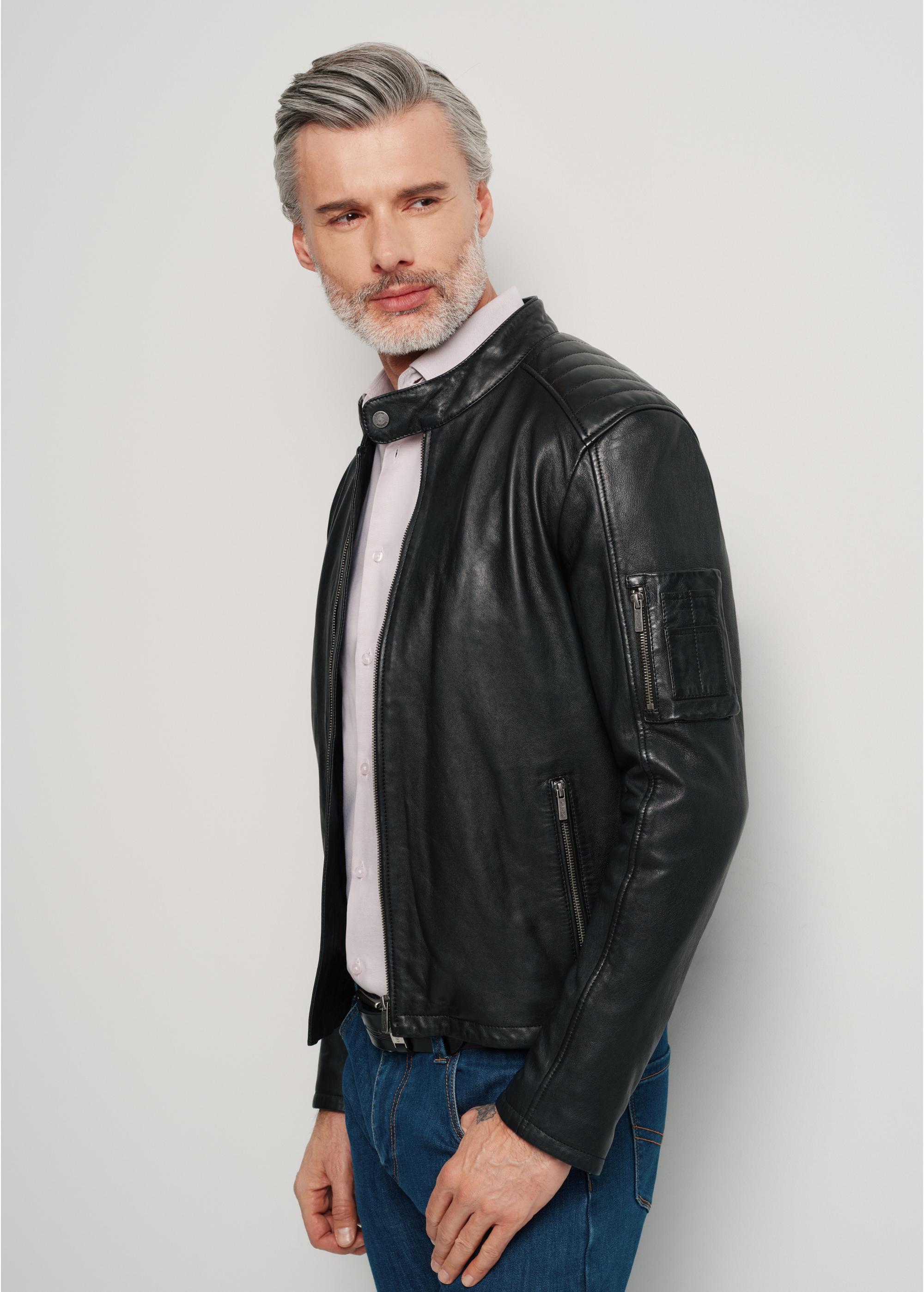 Men's black leather jacket with stand-up collar KURMS-0332-1383(W24)-02