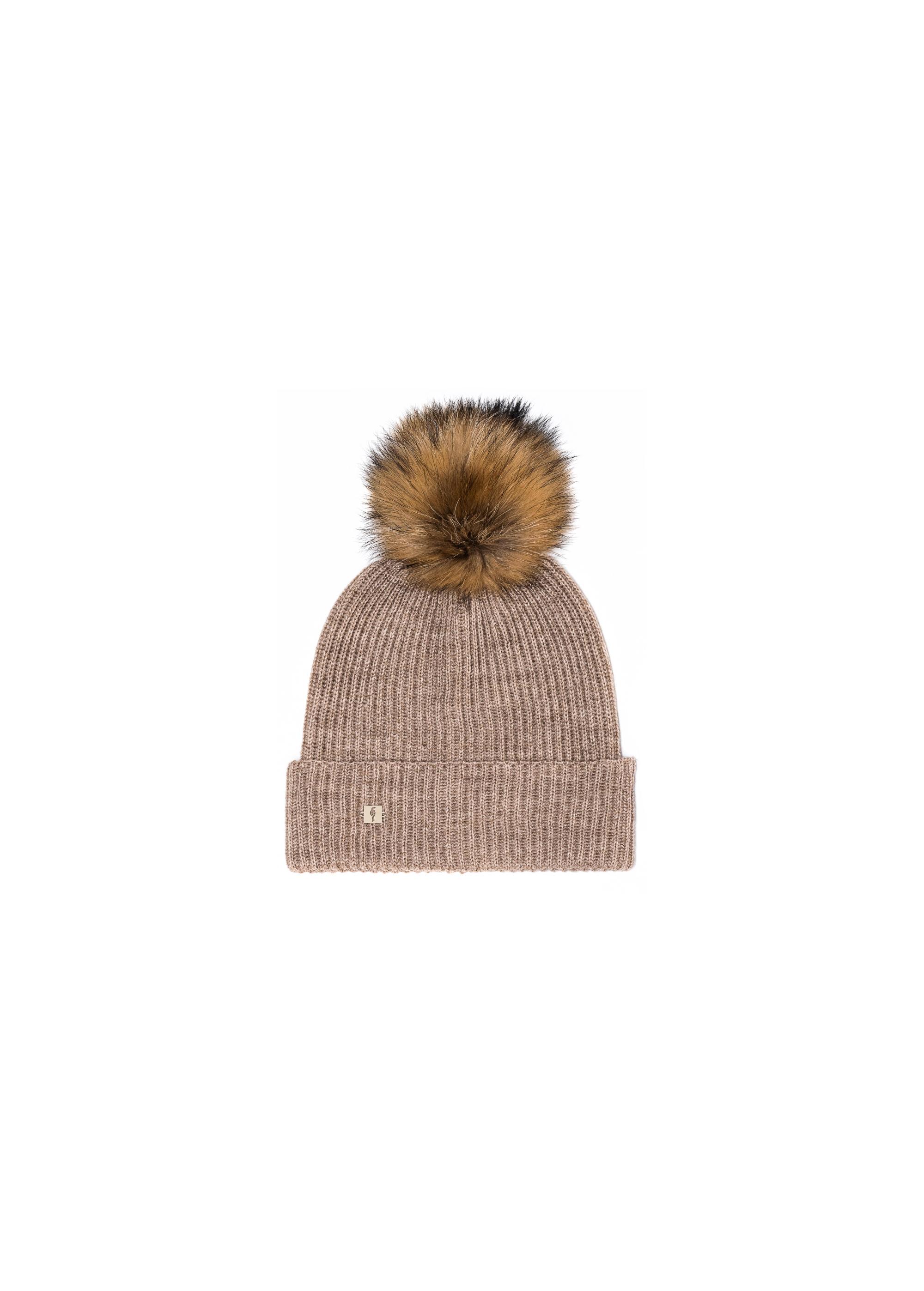 Beige women's cap with pompom CZADT-0052-81(Z24)-02