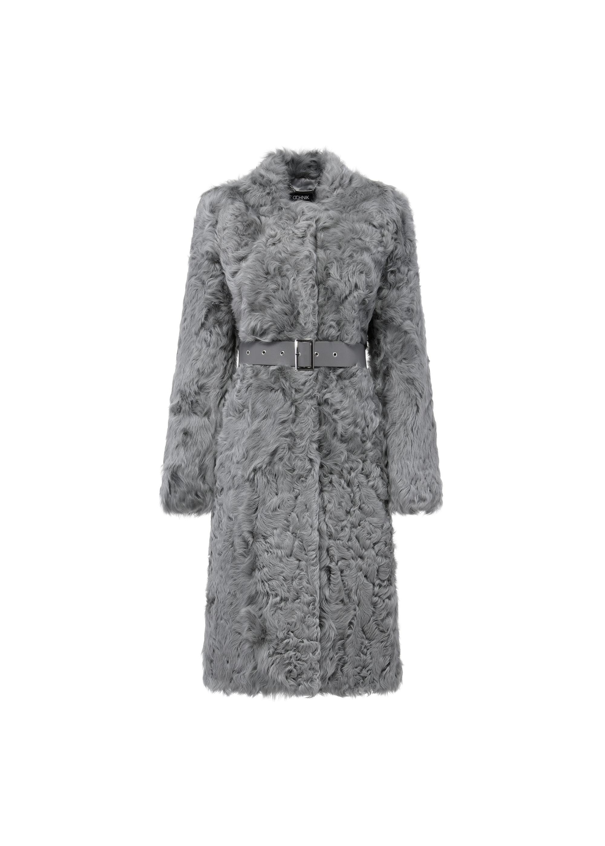 Gray long women's fur coat with belt FUTDF-0106-1671(Z24)-05