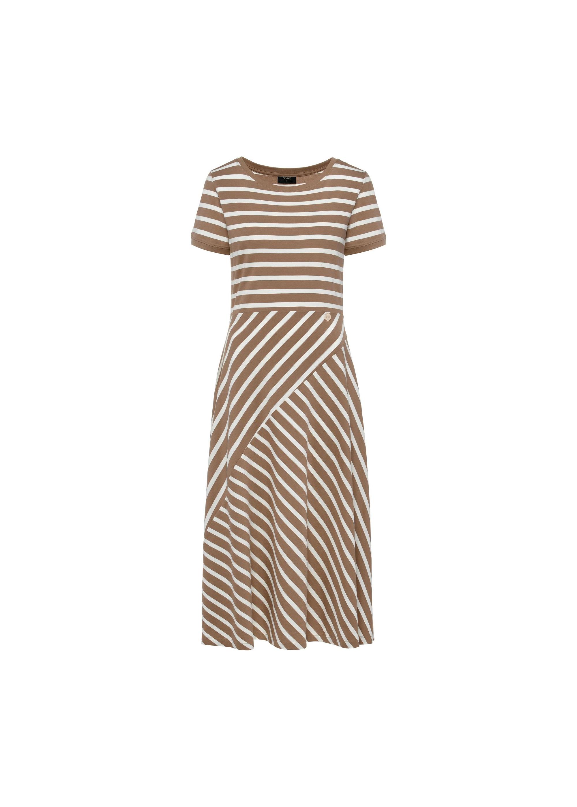 Midi dress in white and beige stripes SUKDT-0182-82(W25)-01