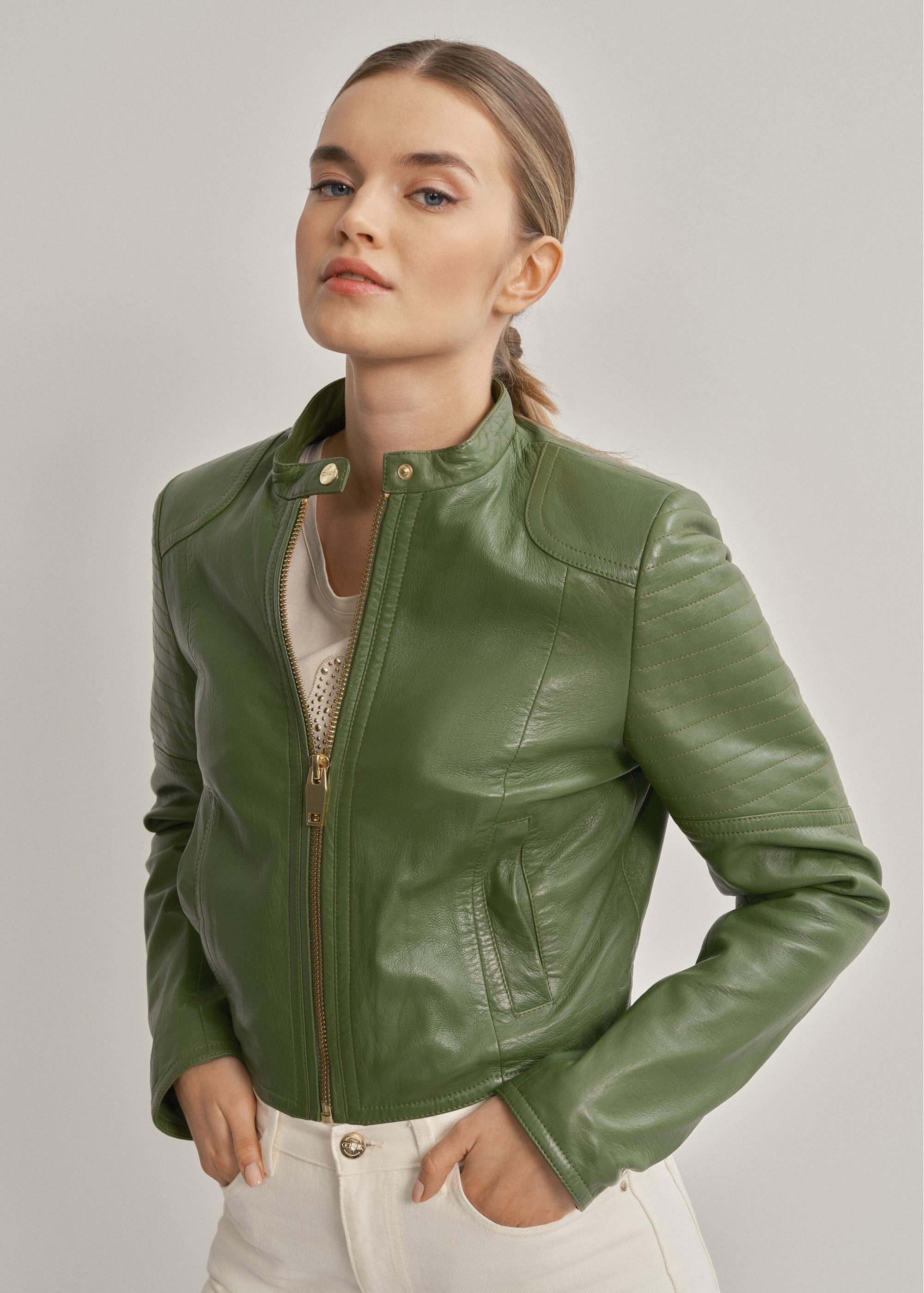 Women's green leather jacket KURDS-0321A-1292(W24)-01