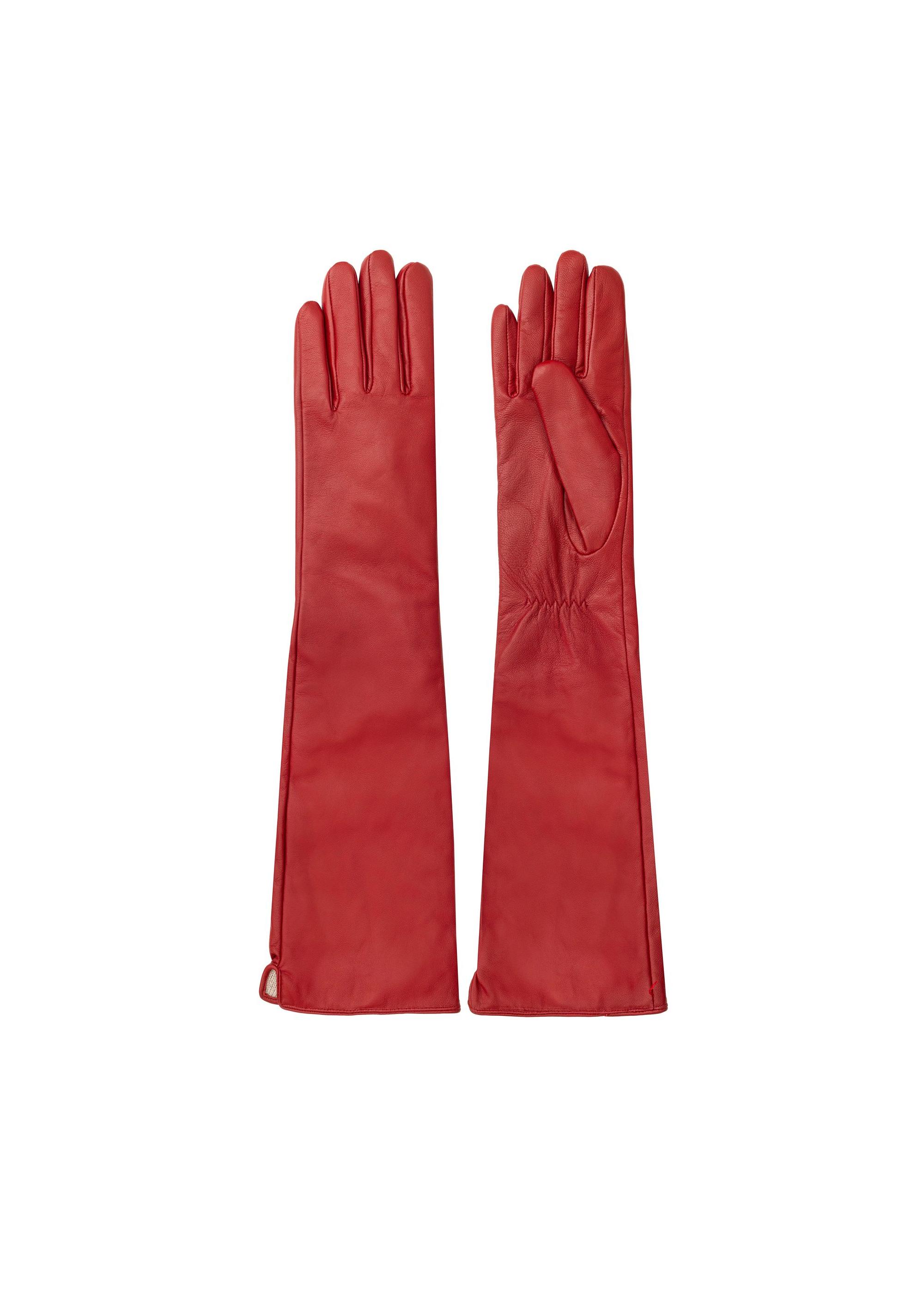 Long red leather women's gloves REKDS-0088-41(Z24)-02