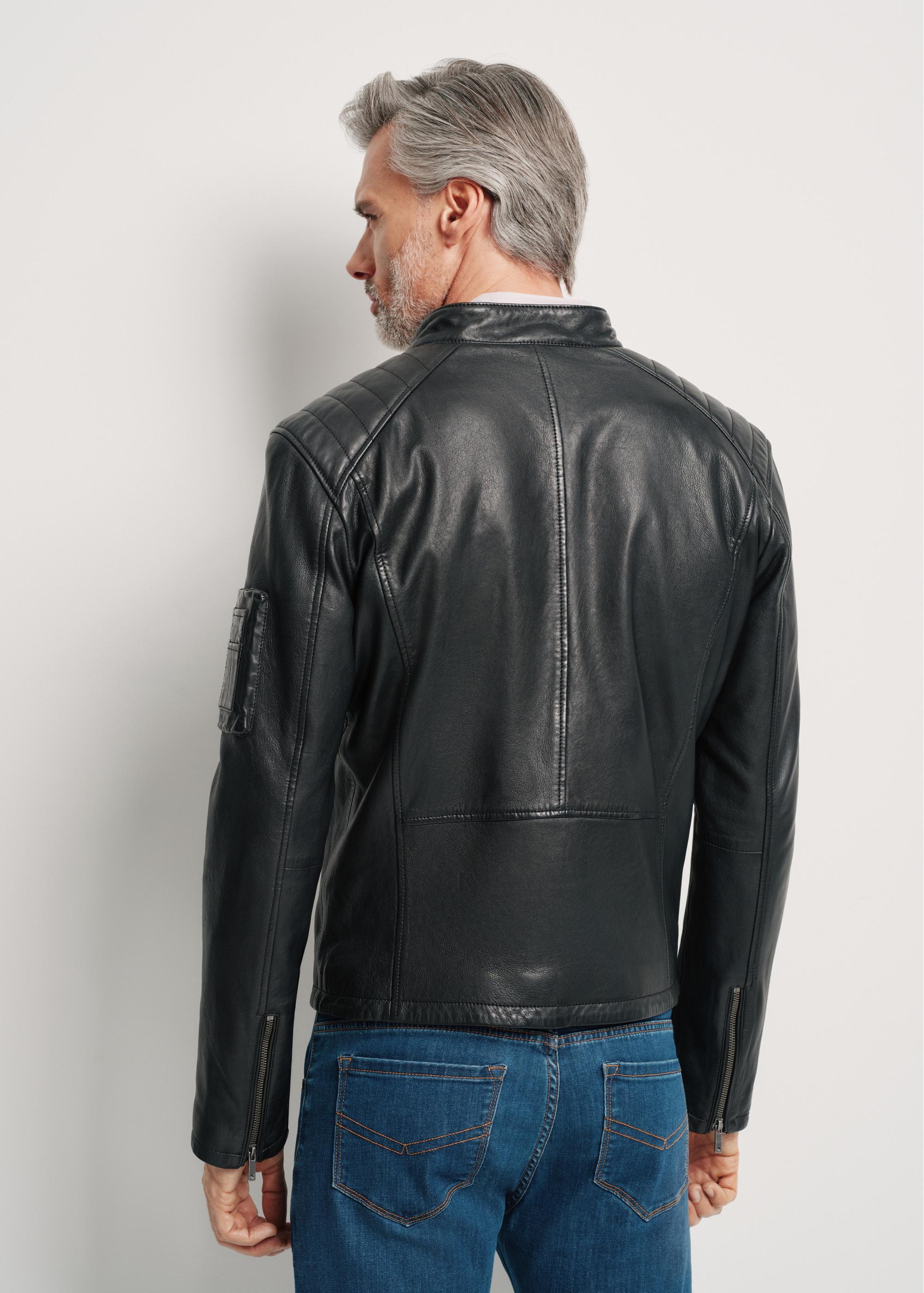 Men's black leather jacket with stand-up collar KURMS-0332-1383(W24)-03