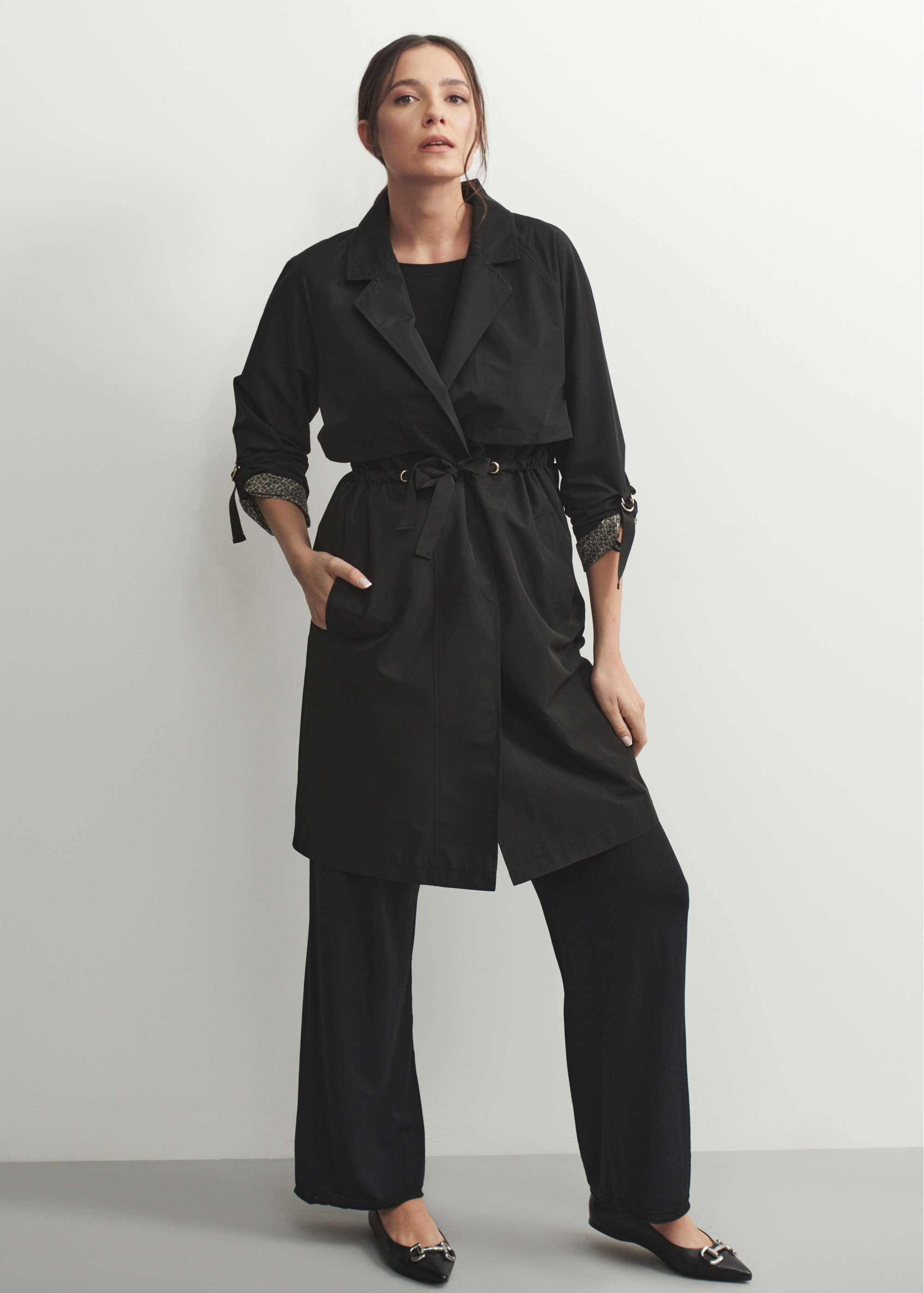 Black women's coat with straps KURDT-0439-99(W24)-01