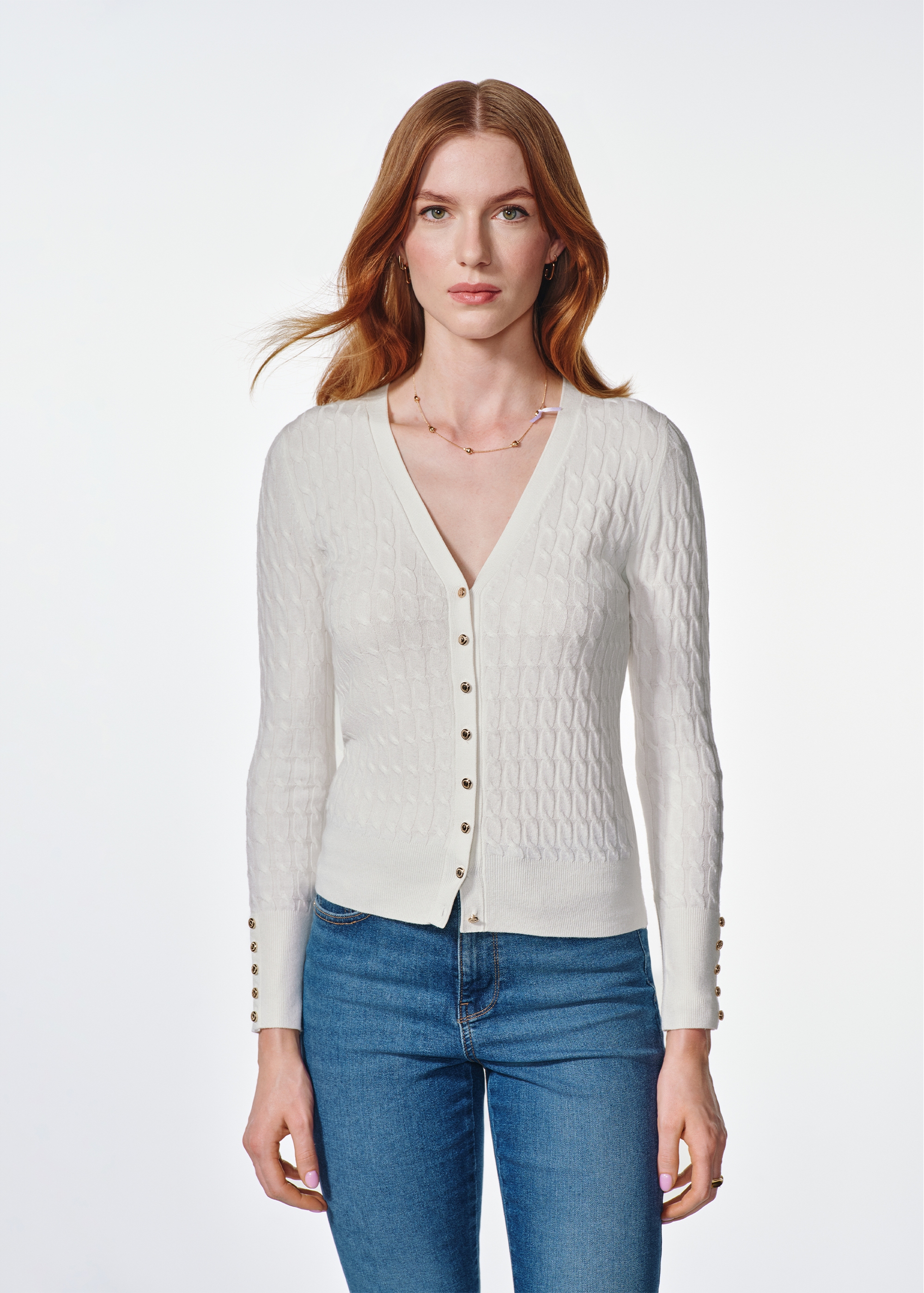 Cream women's cardigan with buttons KARDT-0044-12(Z24)-01