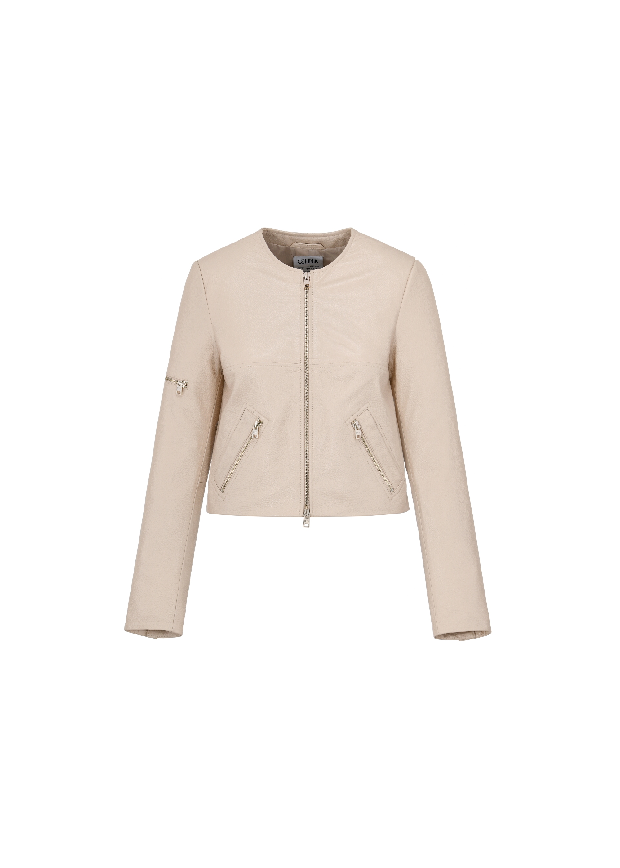 Women's short beige leather jacket KURDS-0452-1371(W24)-04