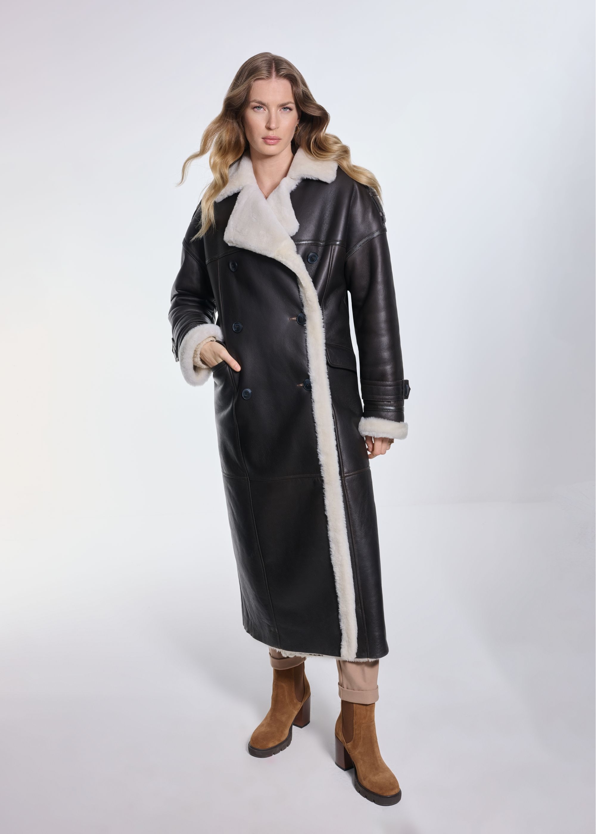 Brown leather long women's sheepskin coat KOZDS-0080-3177(Z24)-01