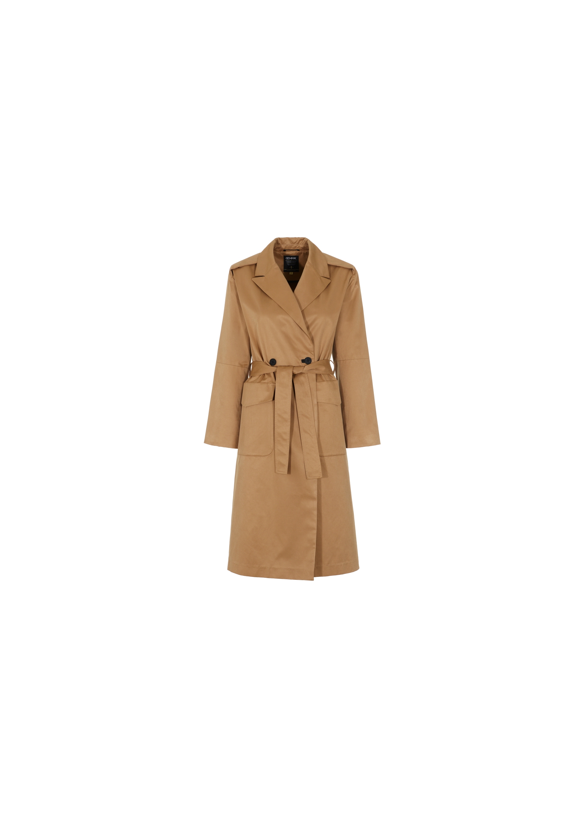 Women's honey colored coat with belt KURDT-0357-81(W22)-05