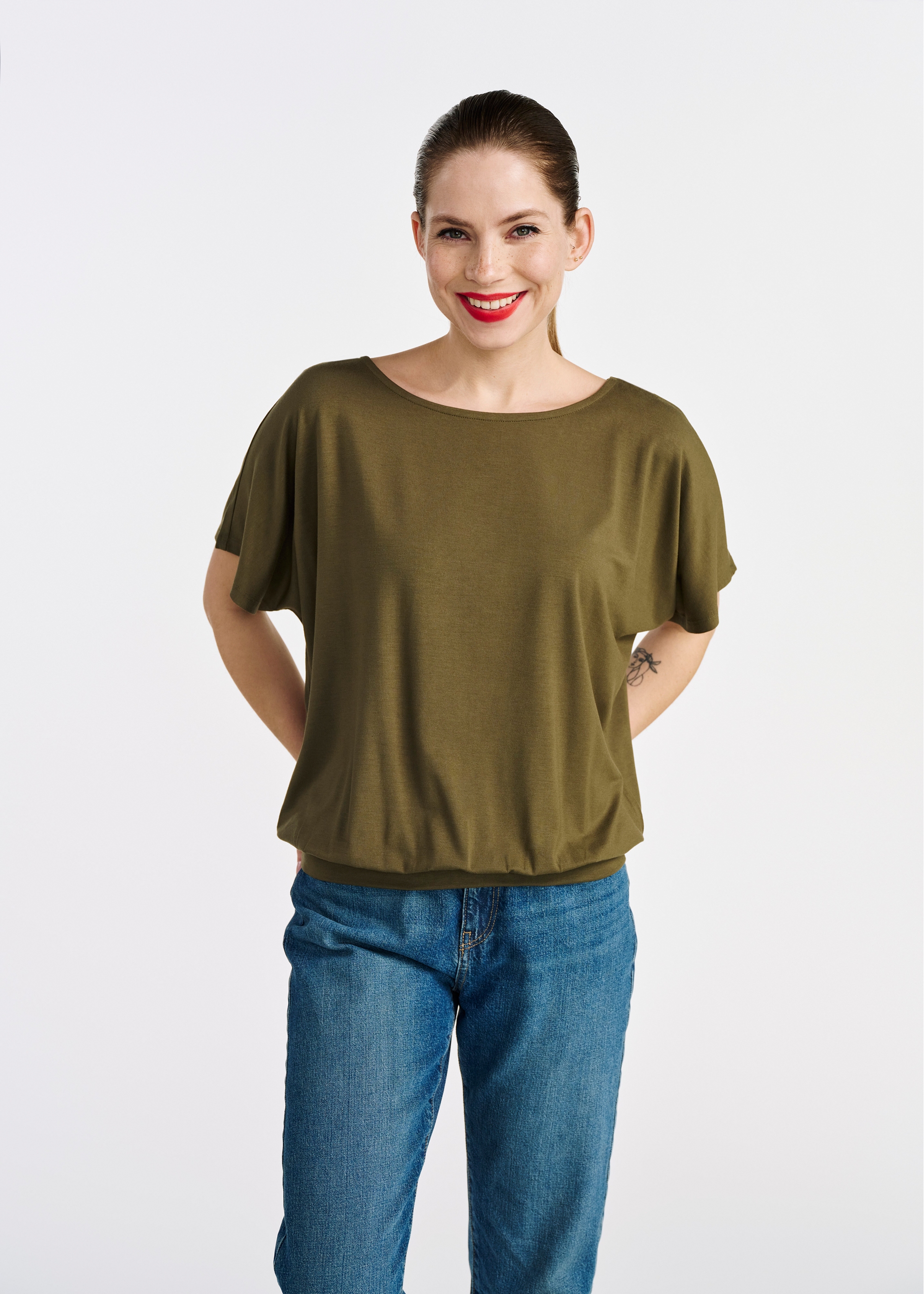 Khaki blouse with cuff for women BLUDT-0170-54(W25)-01