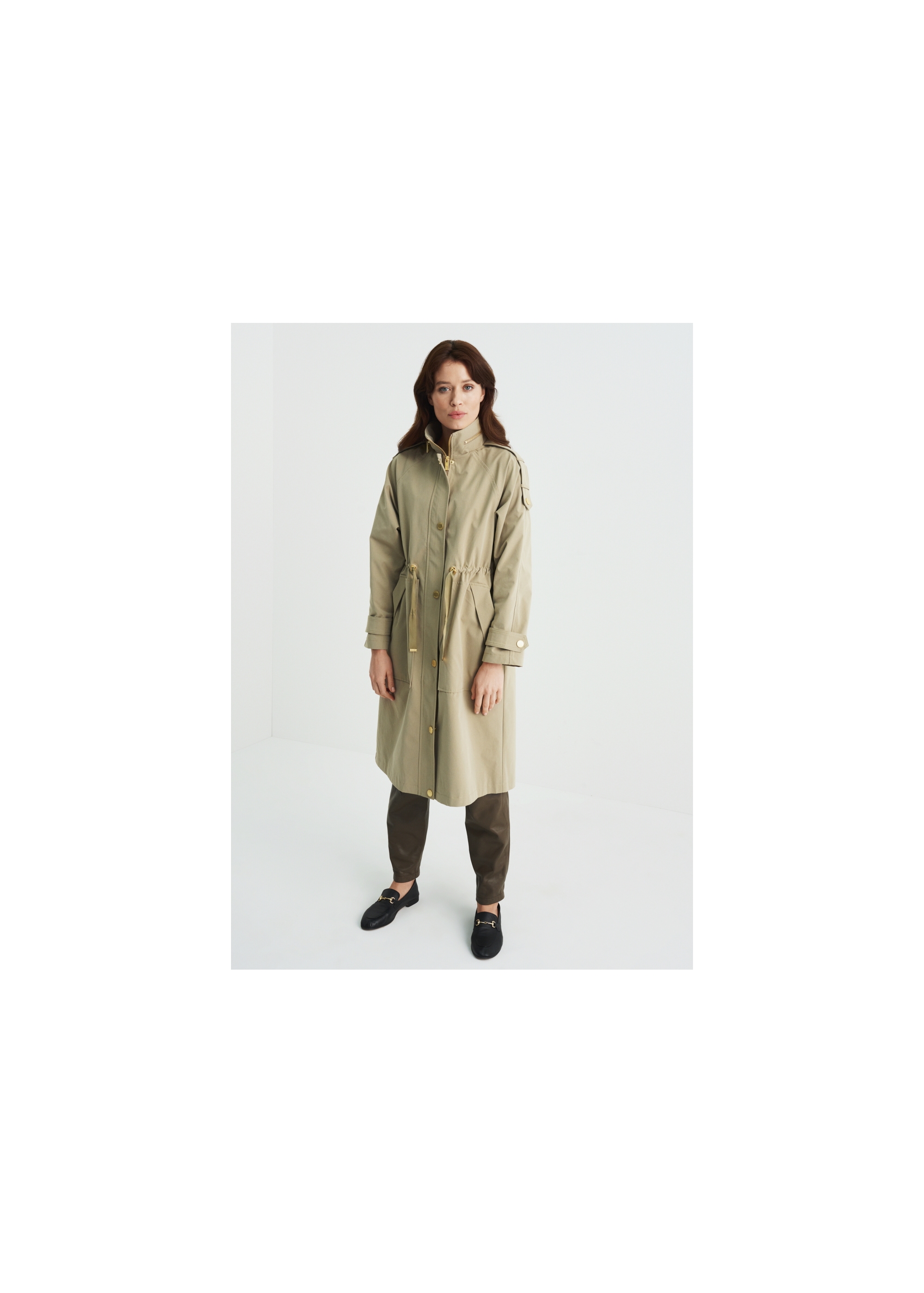 Women's olive colored coat with a button closure KURDT-0353-57(W22)-02