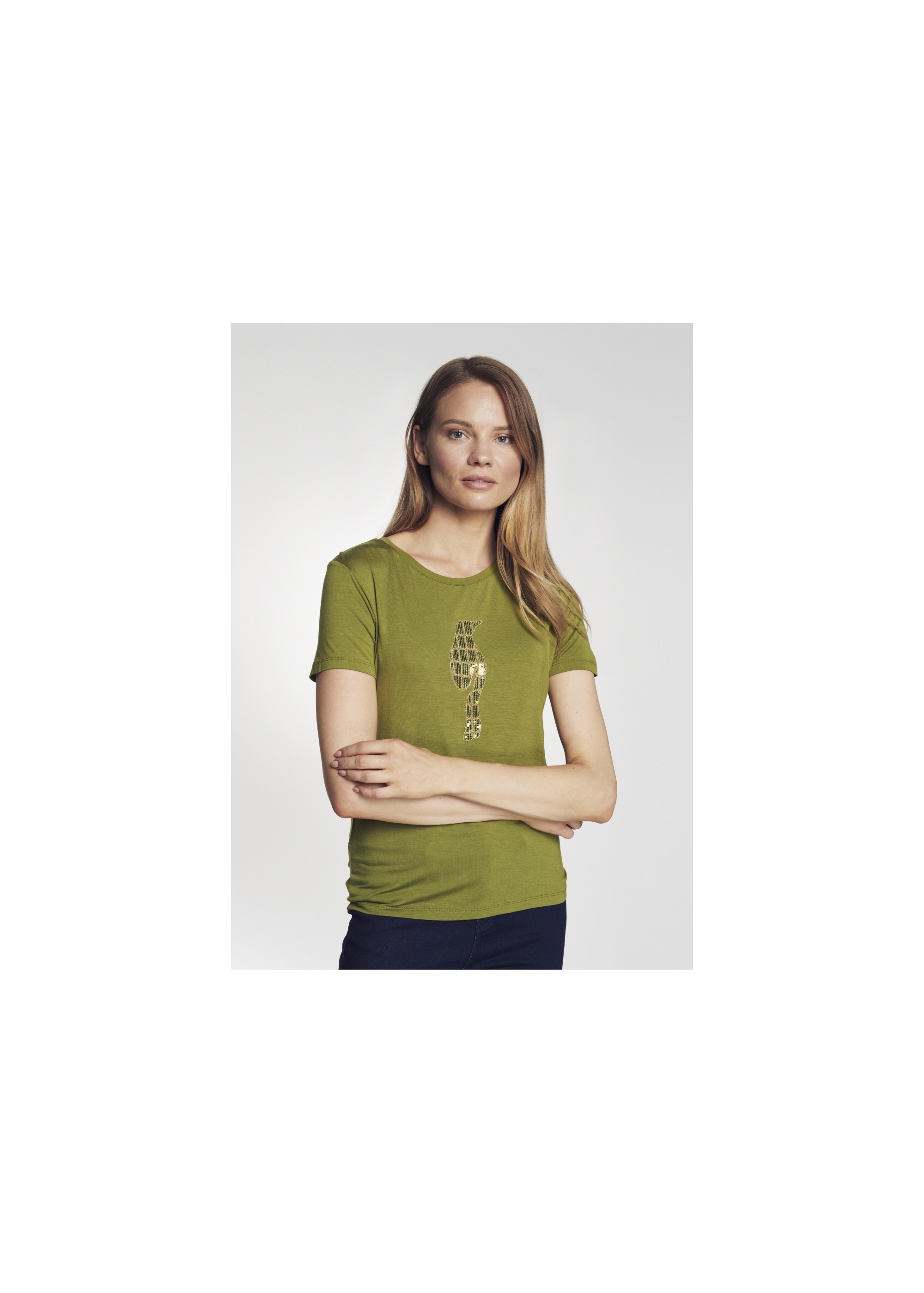 Women's khaki T-shirt with applique TSHDT-0072-55(Z21)-01