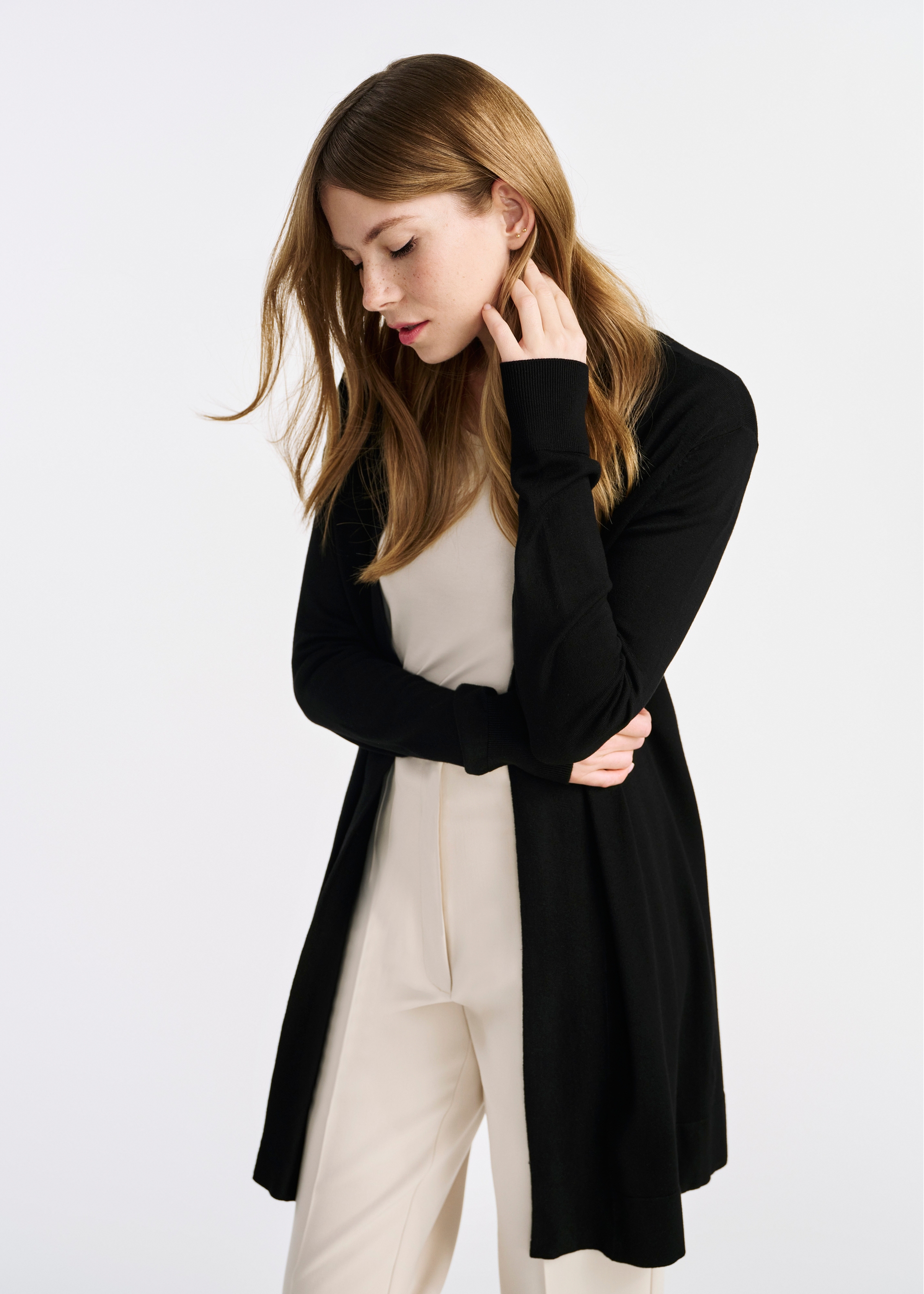 Long women's cardigan in black color KARDT-0050-99(W25)-02