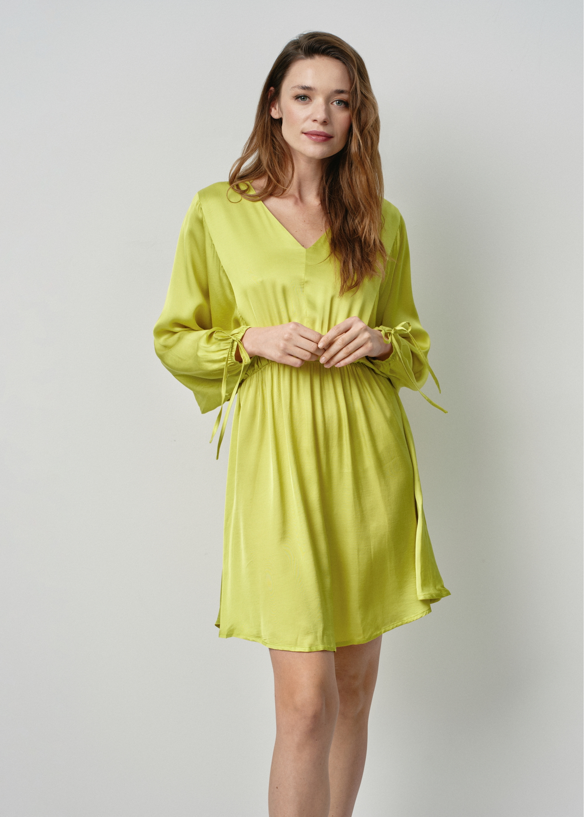 Lime mini dress with buff sleeves SUKDT-0201-52(W24)-01