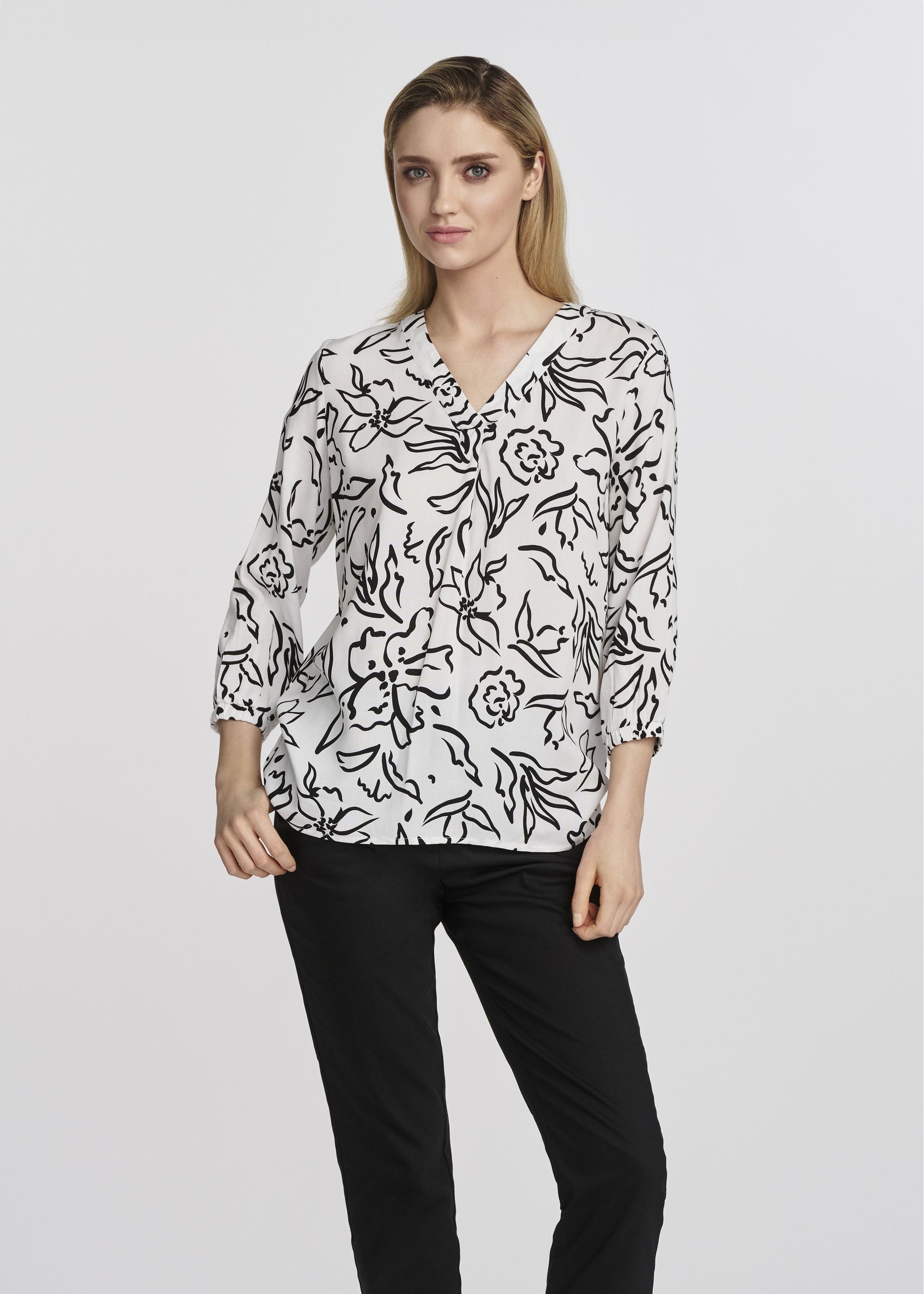 White women's blouse with black flowers BLUDT-0172-12(W25)-01