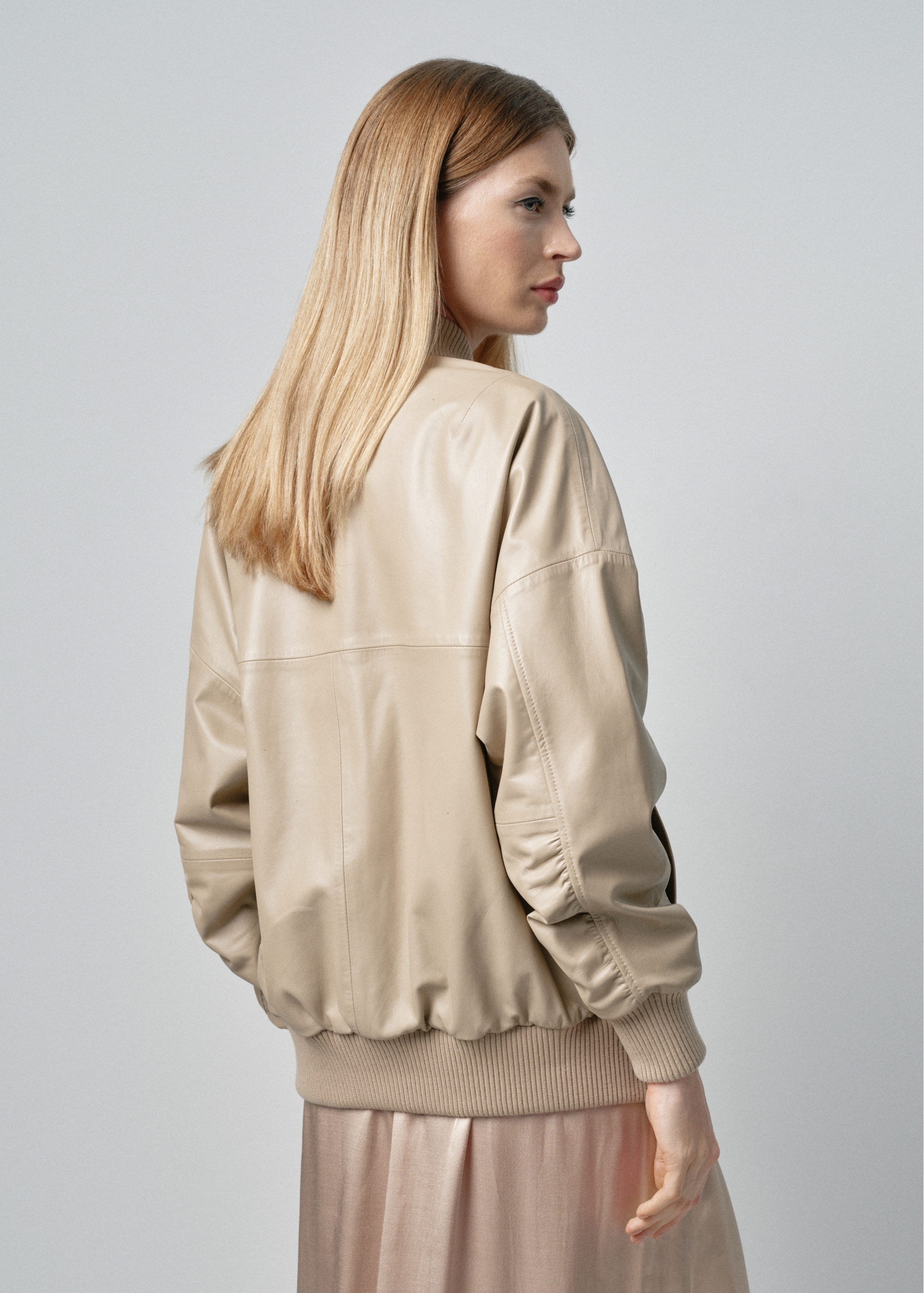 Beige leather women's bomber jacket KURDS-0477-1187(W24)-03