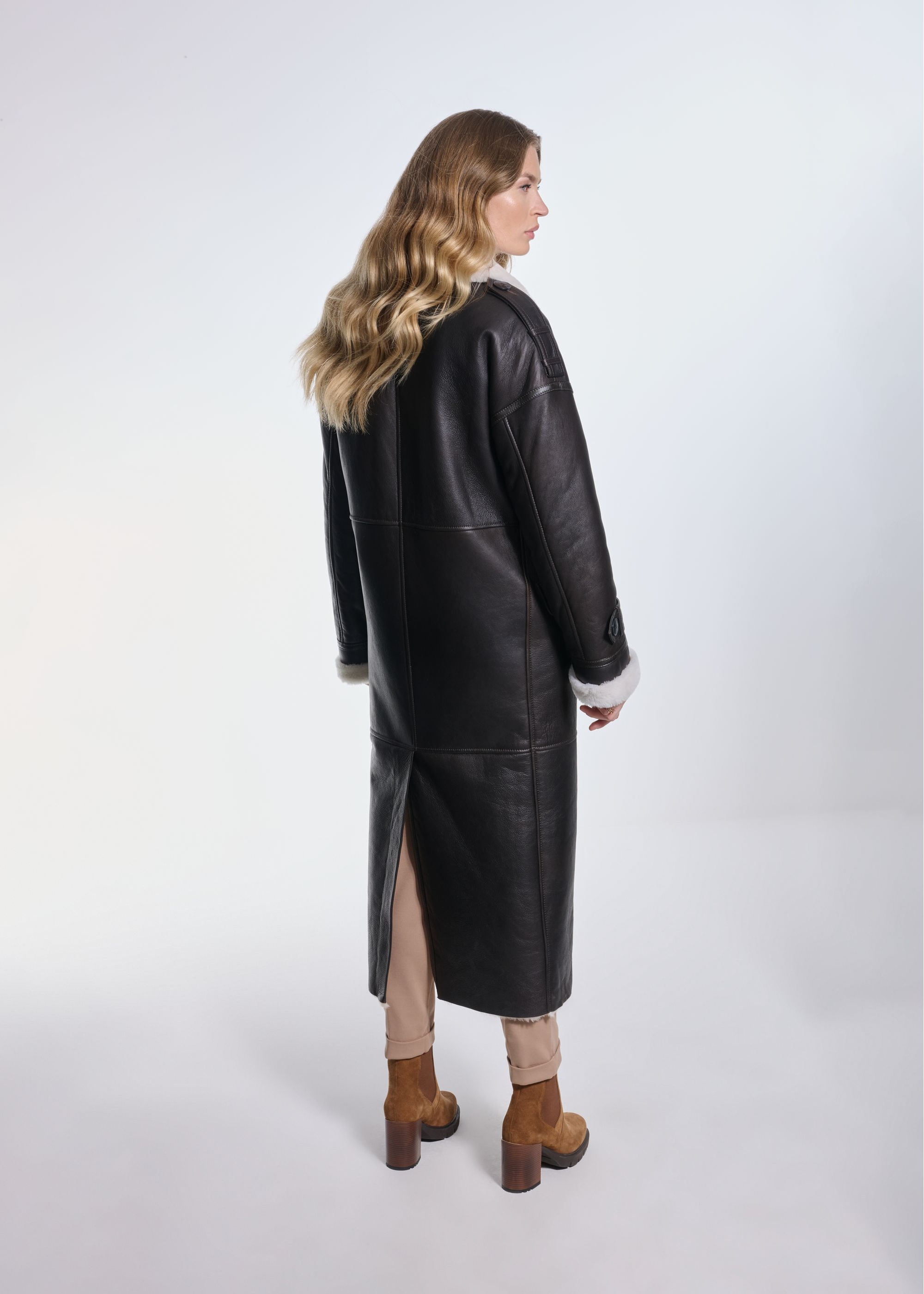 Brown leather long women's sheepskin coat KOZDS-0080-3177(Z24)-04