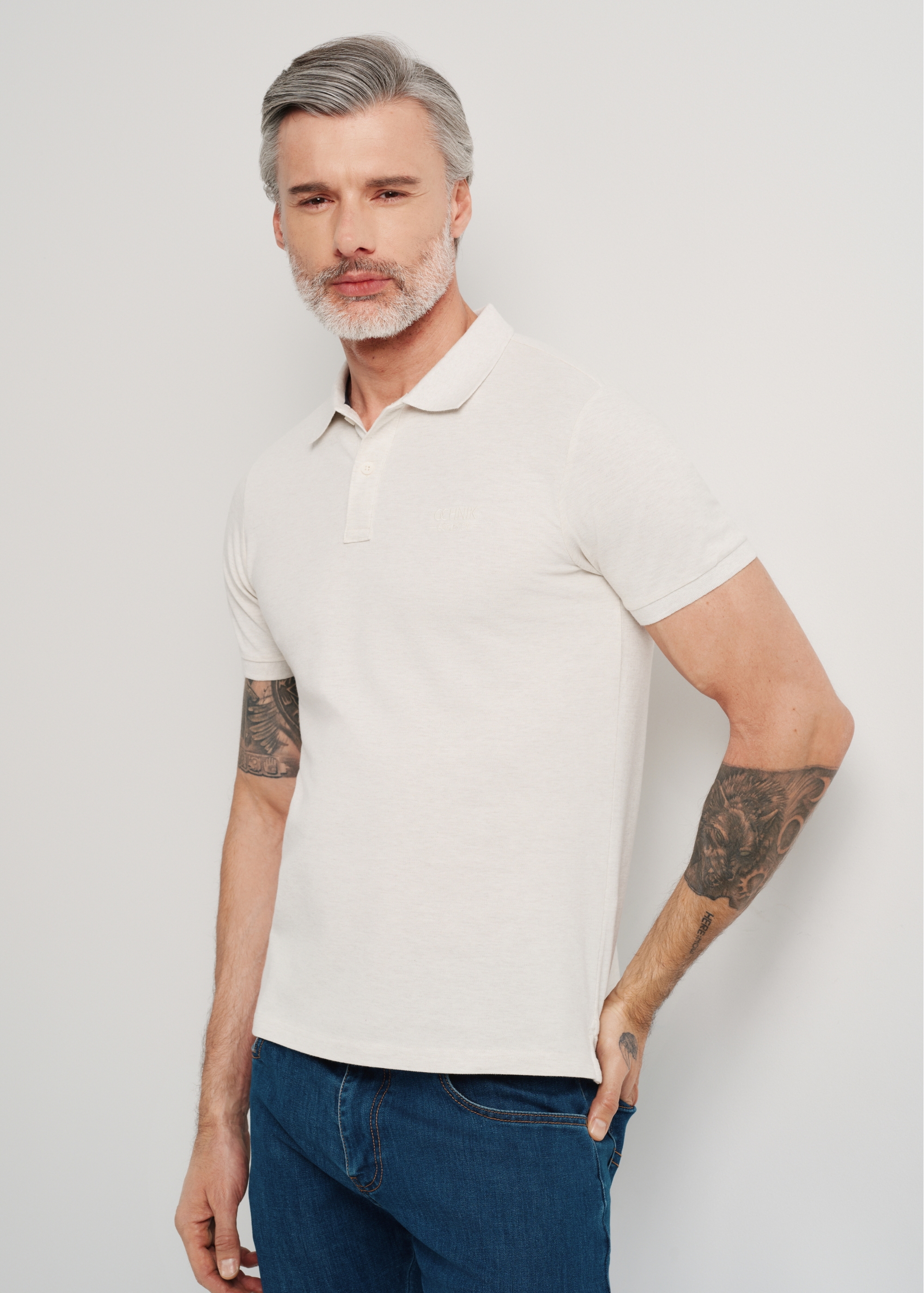 Cream men's polo shirt POLMT-0070-11(W24)-01