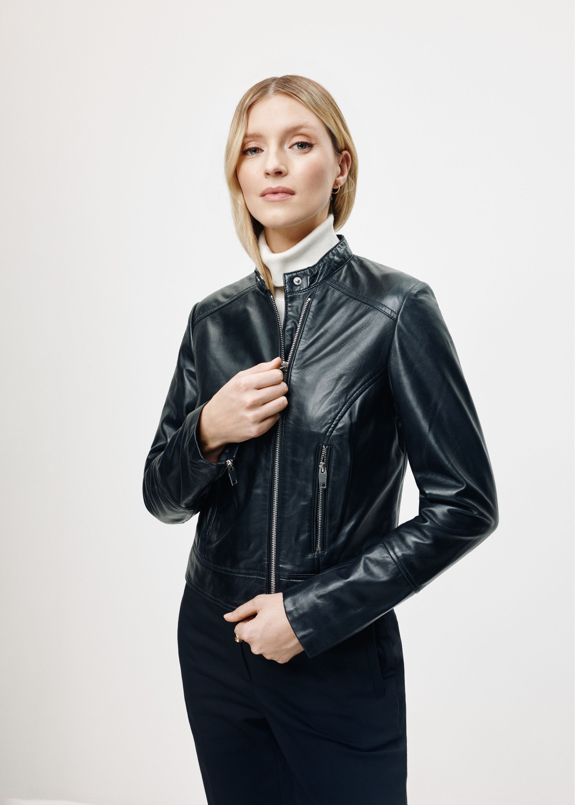 Women's leather jacket with stand-up collar KURDS-0305-4229(KS)