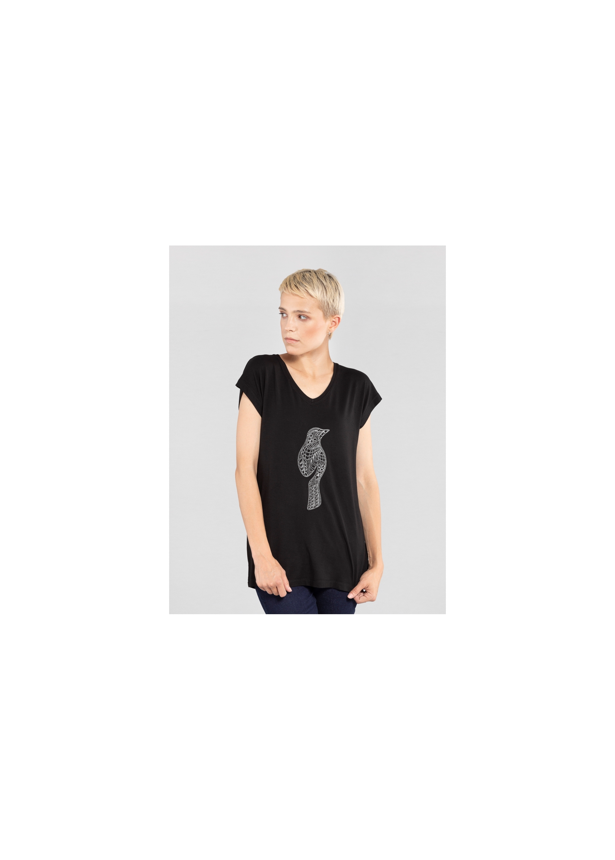 Women's black T-shirt with white oriole TSHDT-0051-99(Z20)-01