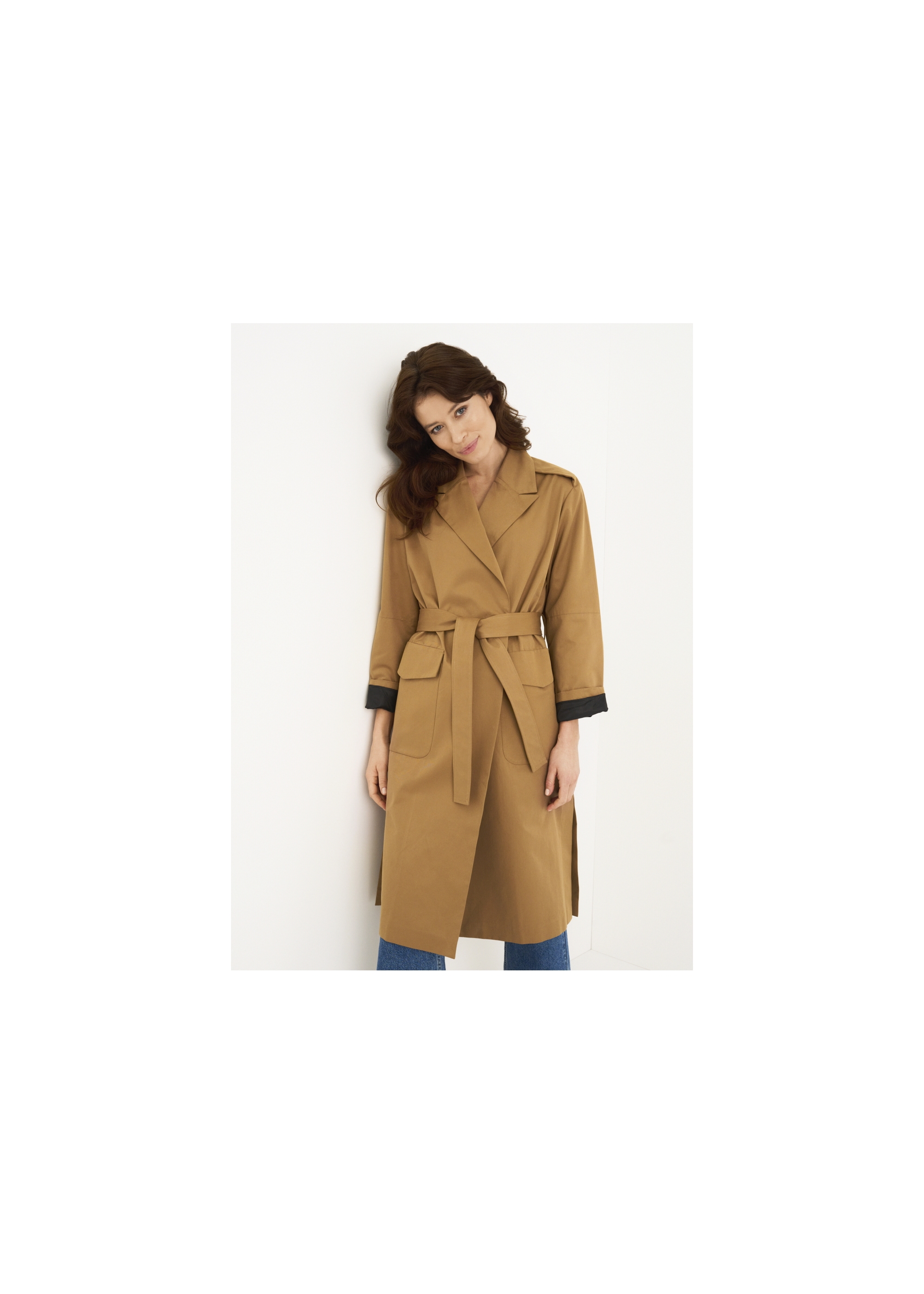 Women's honey colored coat with belt KURDT-0357-81(W22)-01