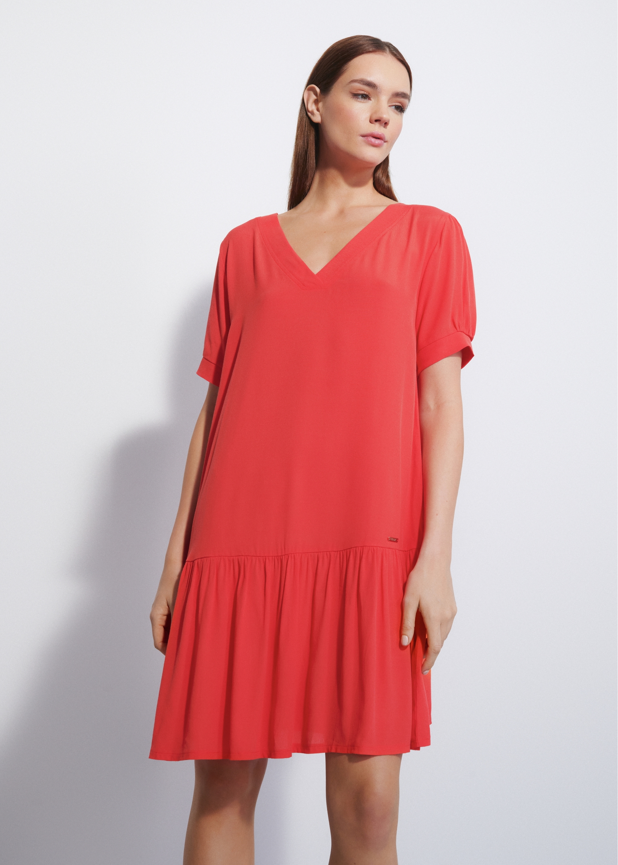 Red dress with frill SUKDT-0165-42(W23)-02