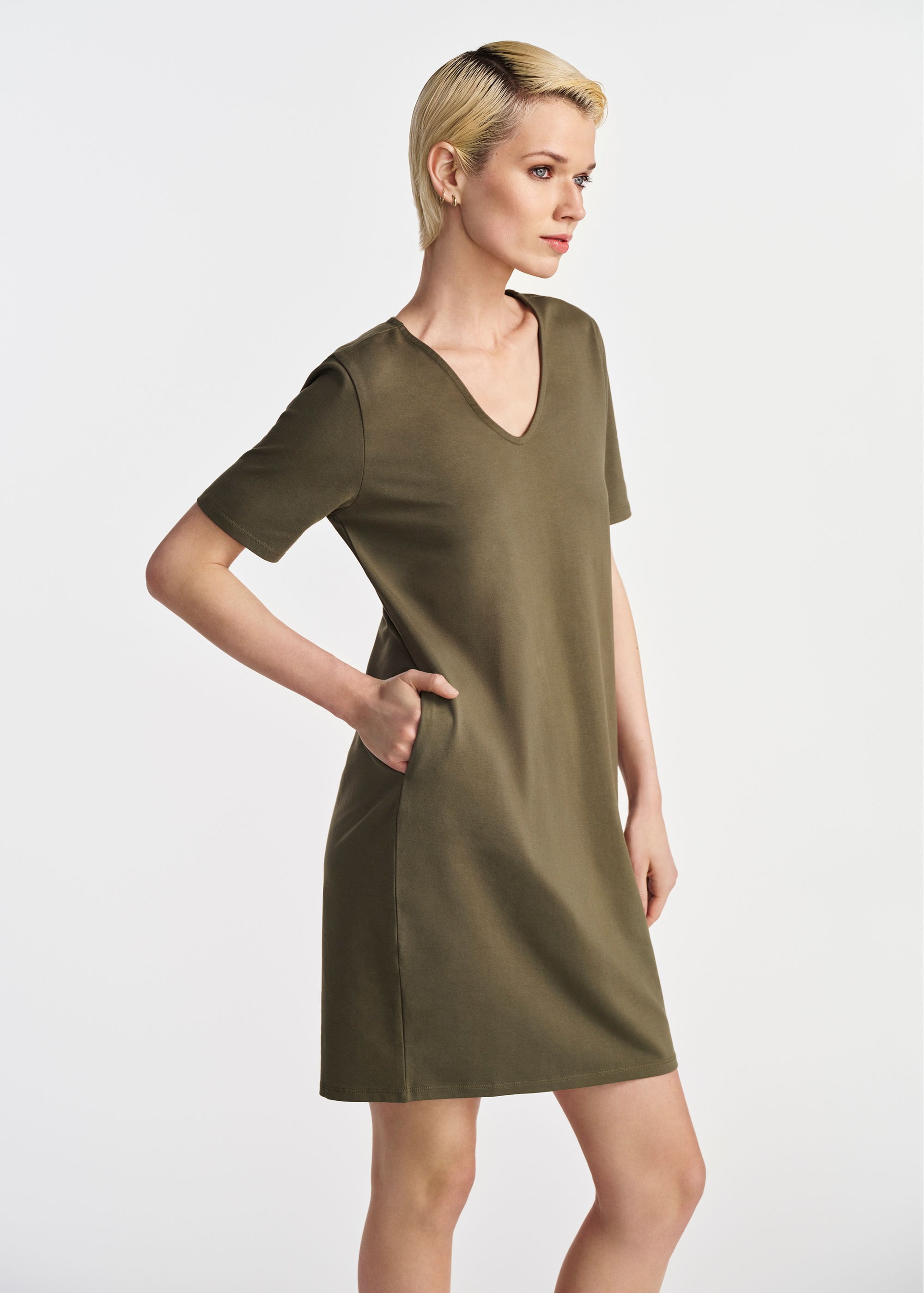 Short cotton dress in khaki color SUKDT-0185-54(W25)-02