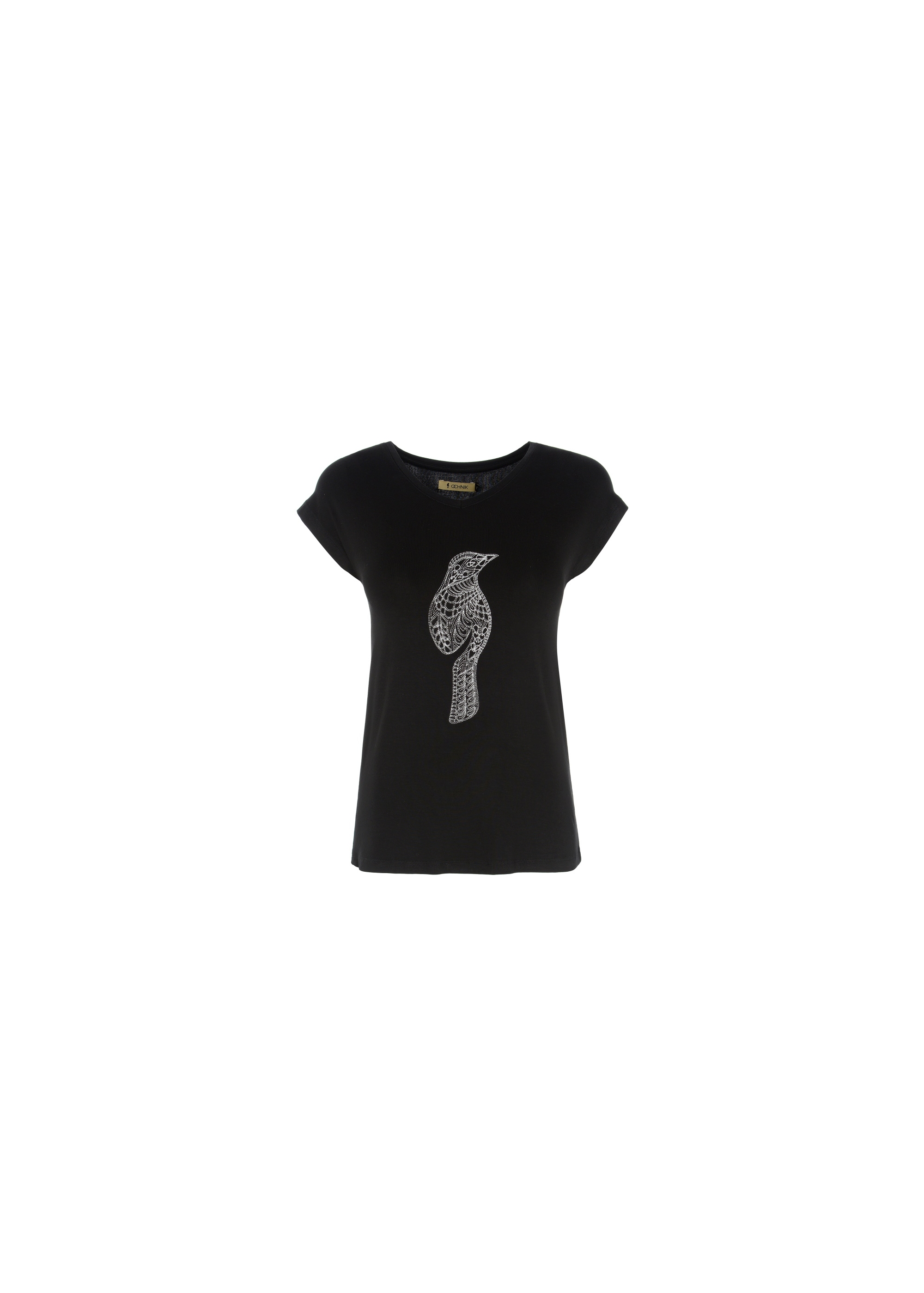 Women's black T-shirt with white oriole TSHDT-0051-99(Z20)-02