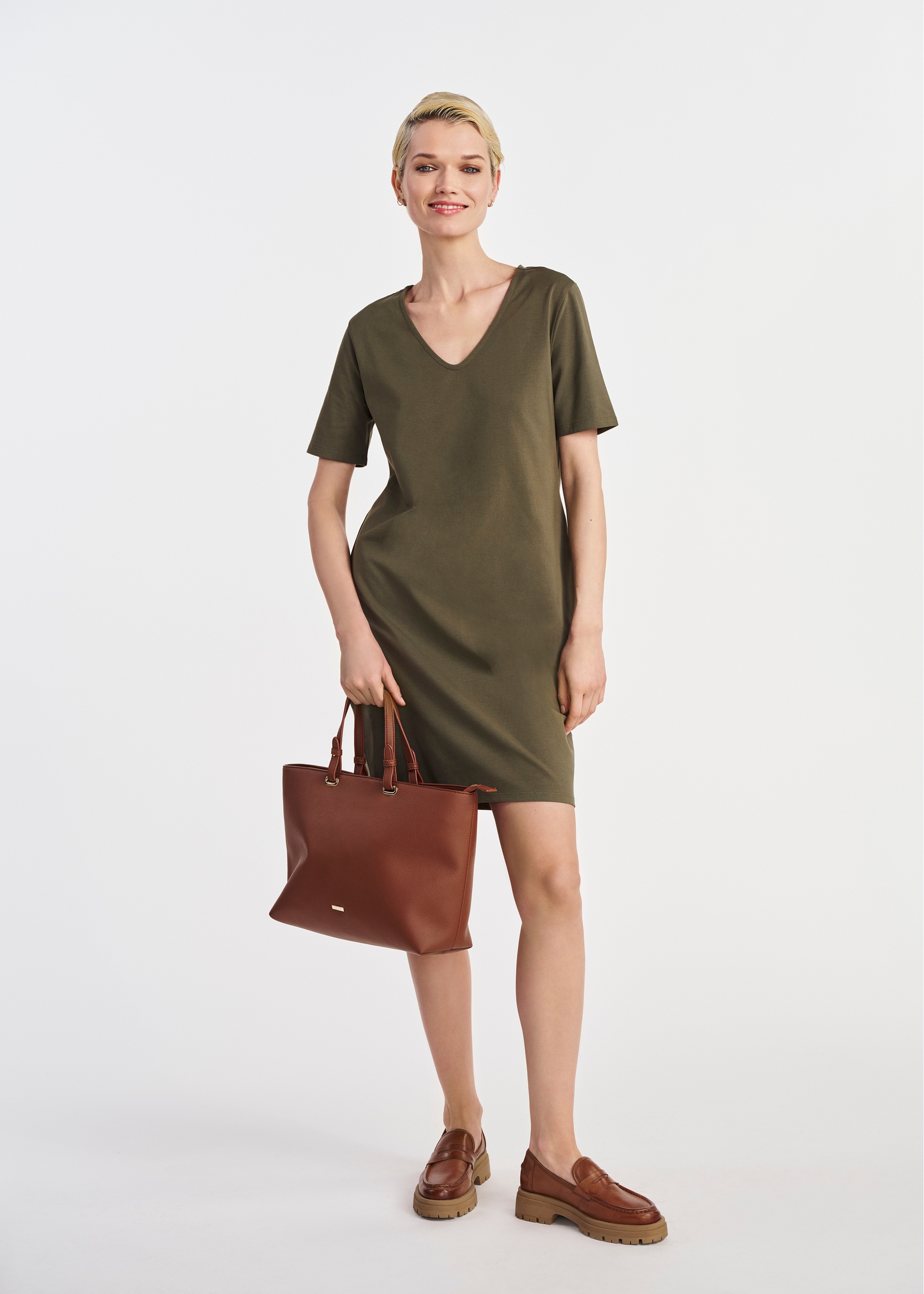 Short cotton dress in khaki color SUKDT-0185-54(W25)-01