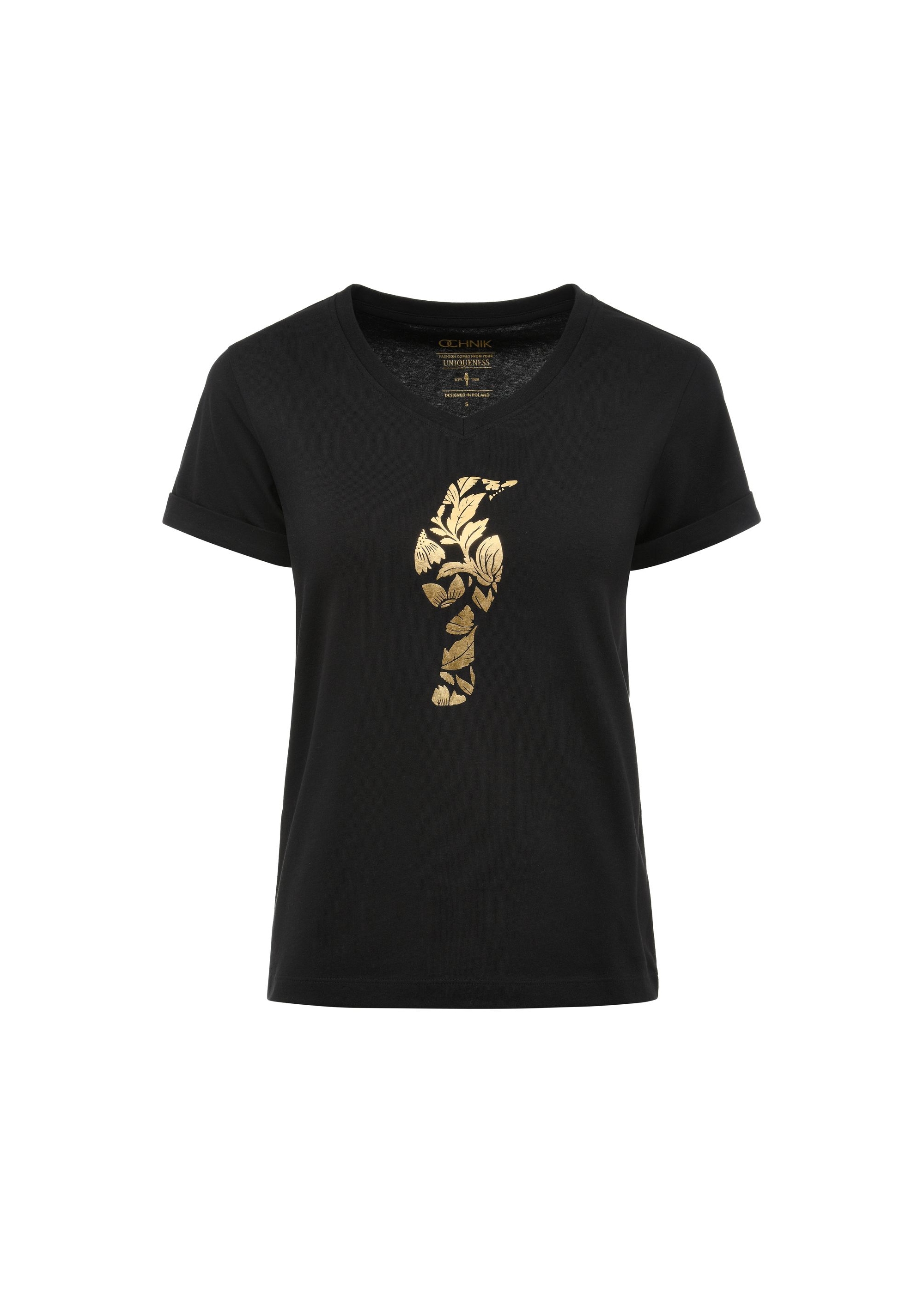 Black women's t-shirt with decorative oriole TSHDT-0131-99(Z24)-01