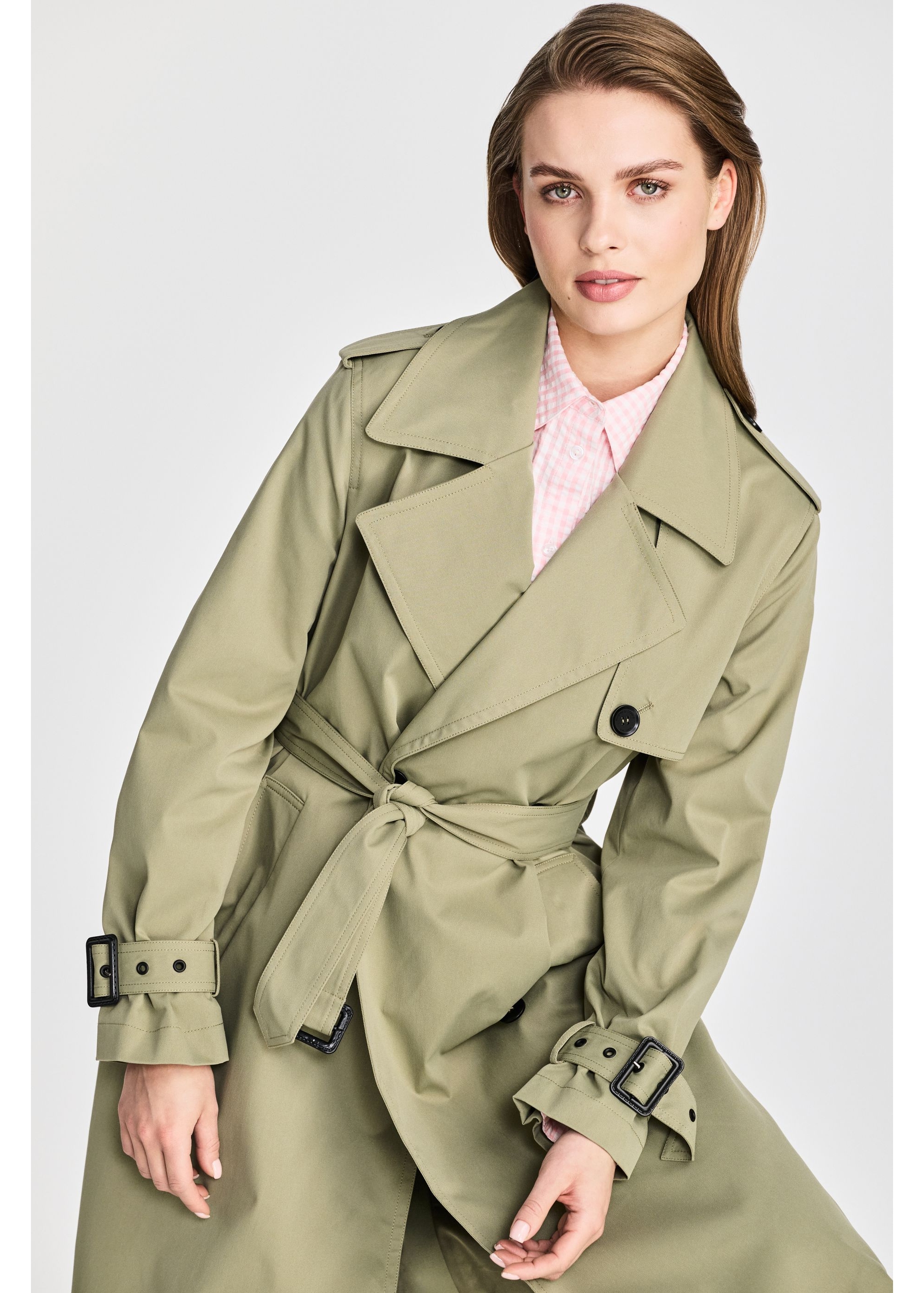 Long olive women's coat-style jacket KURDT-0512-57(W25)-03