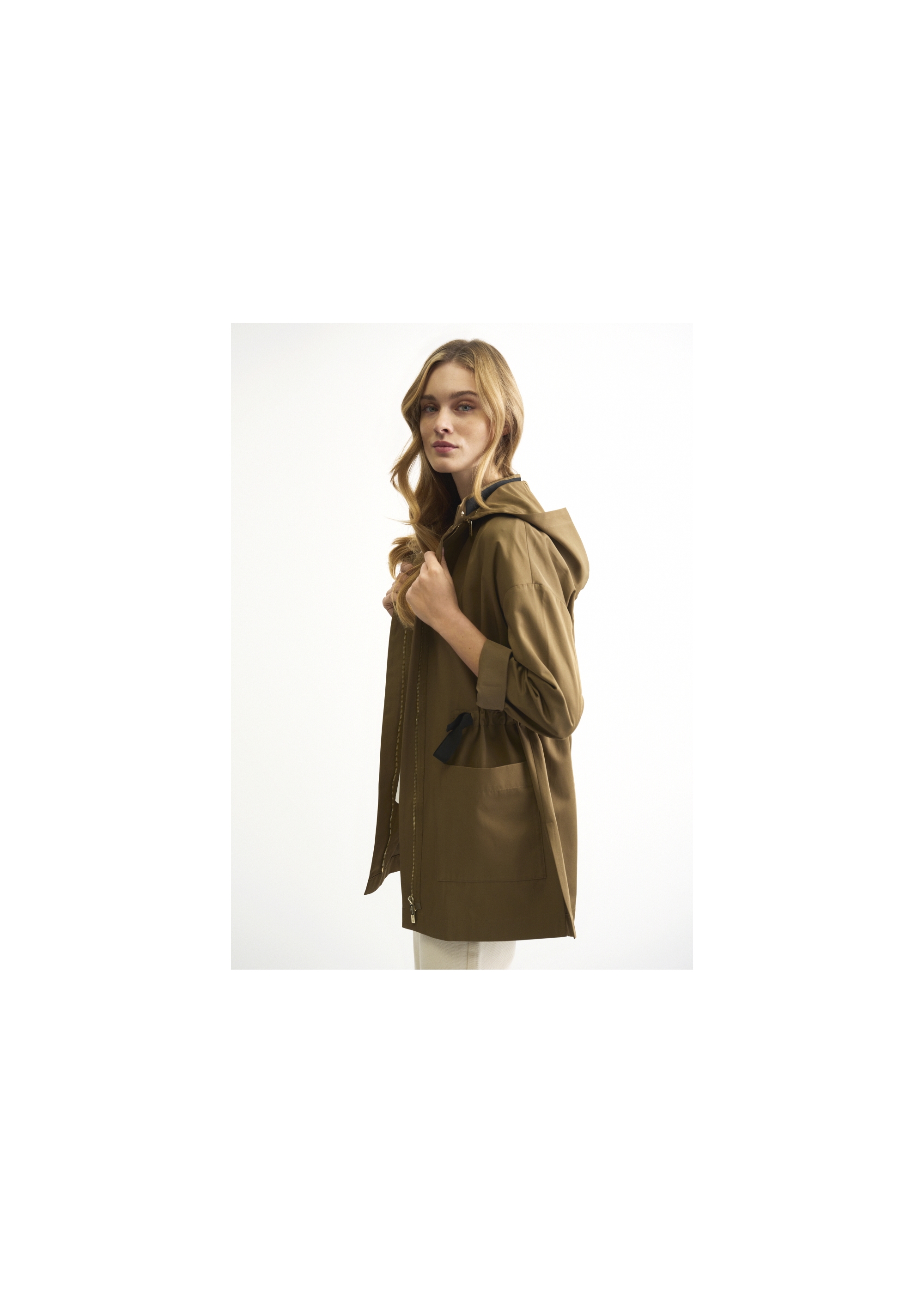 Olive colored women's jacket with a ribbed hem KURDT-0358-81(W22)-02