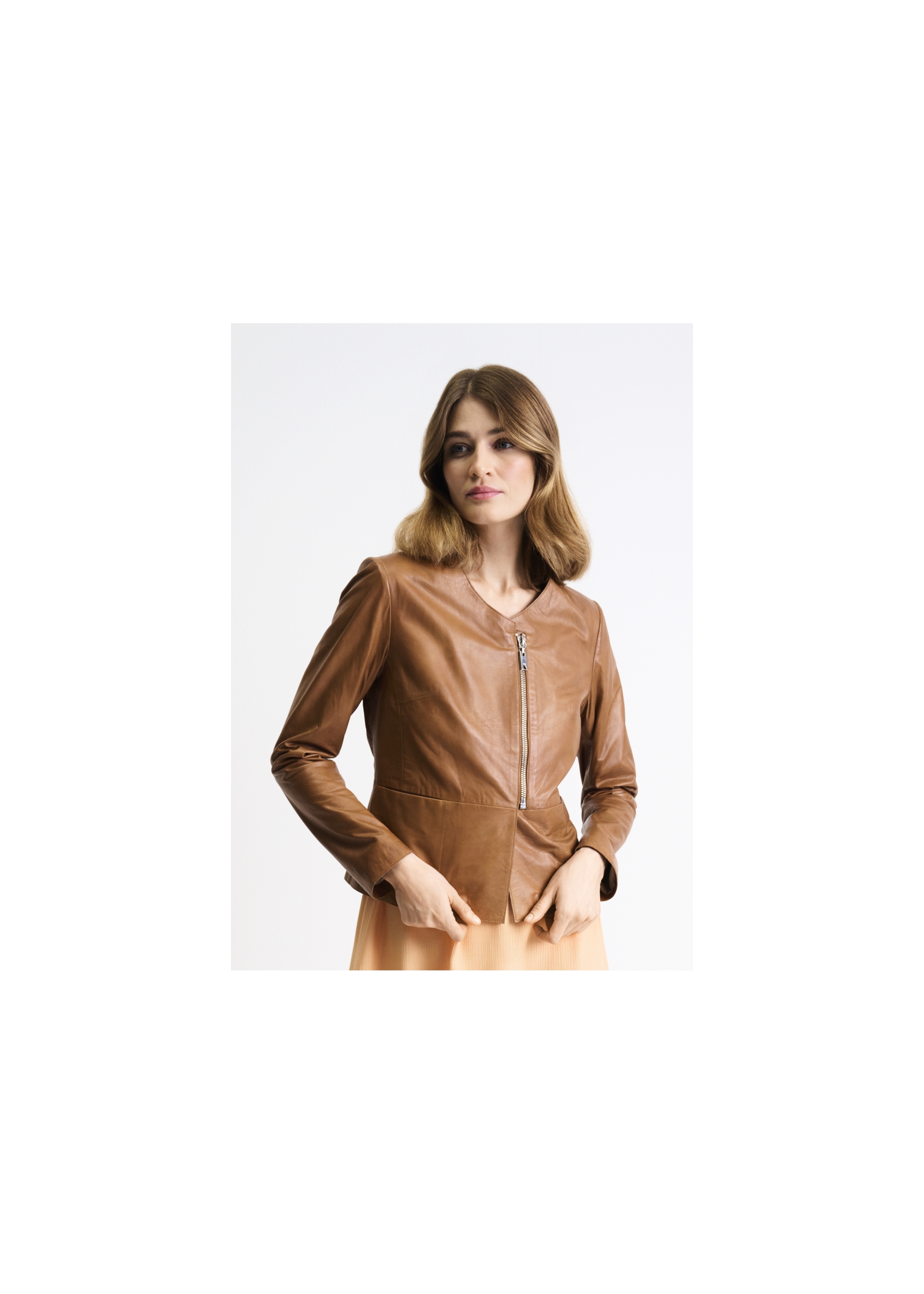 Women's cognac leather jacket KURDS-0232-1228(Z23)-01