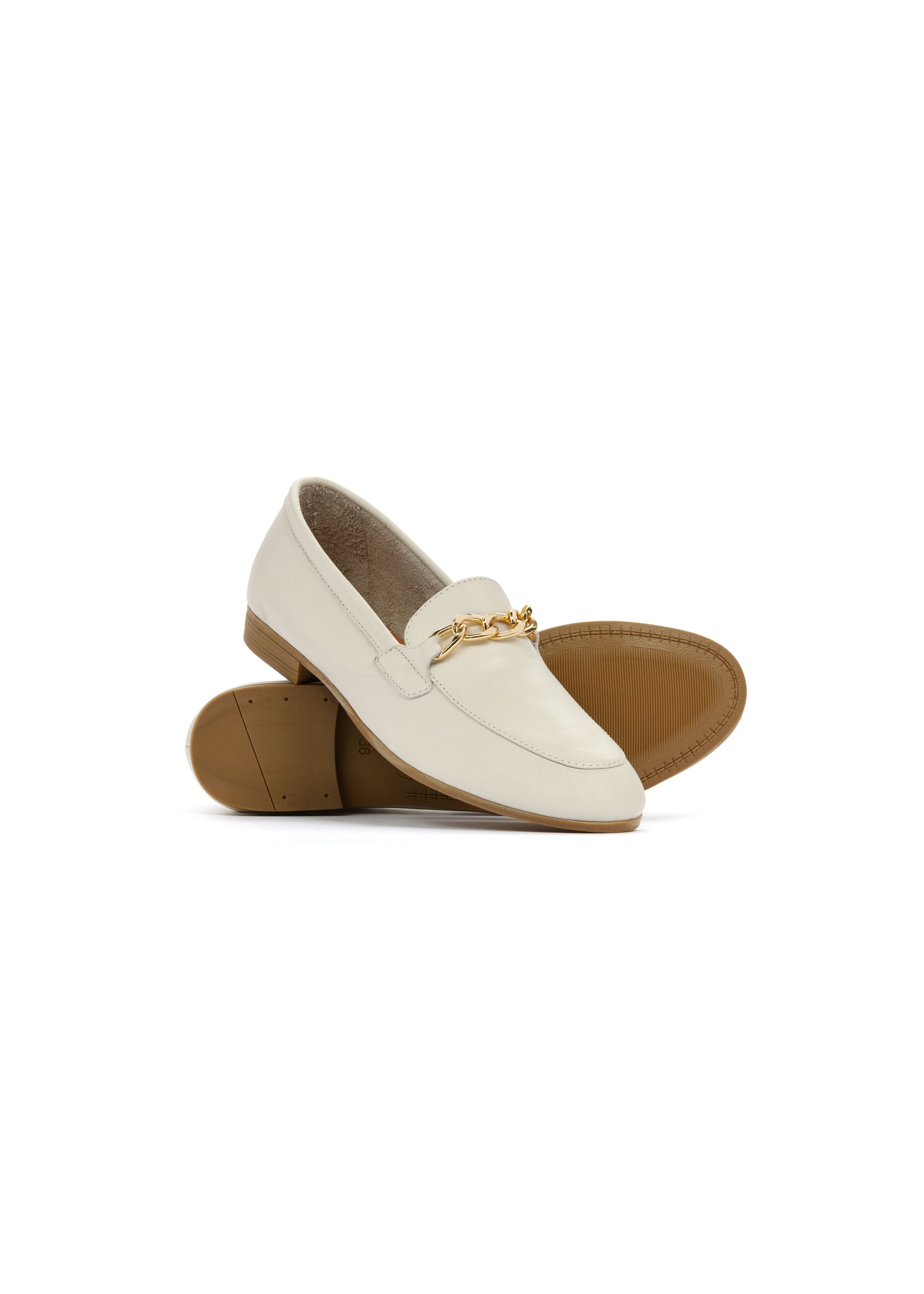 Cream leather women's loafers with chain BUTYD-0914-12(W25)-05