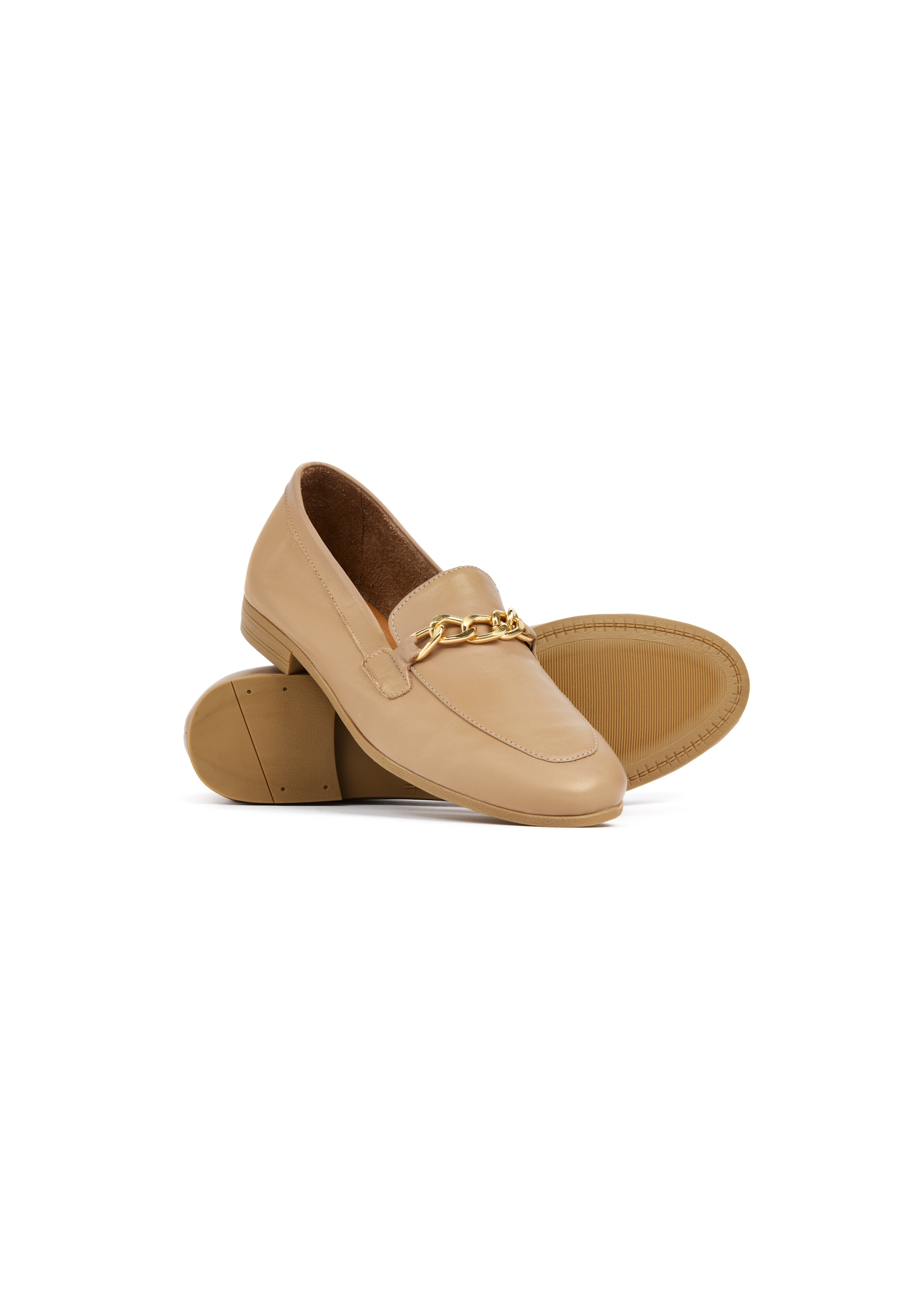 Leather dark beige women's loafers with chain BUTYD-0914-93(W25)-05