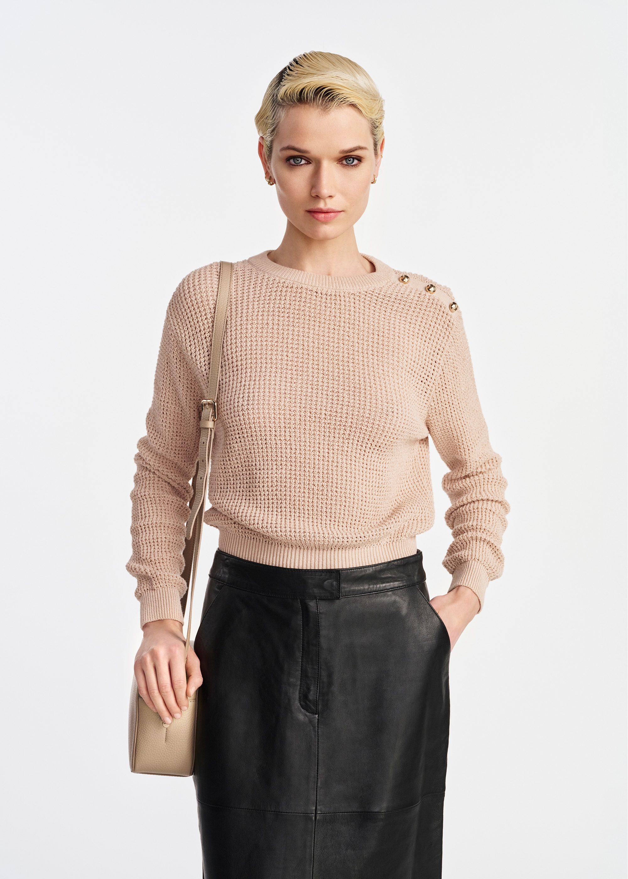 Beige openwork women's sweater SWEDT-0232-81(W25)-01