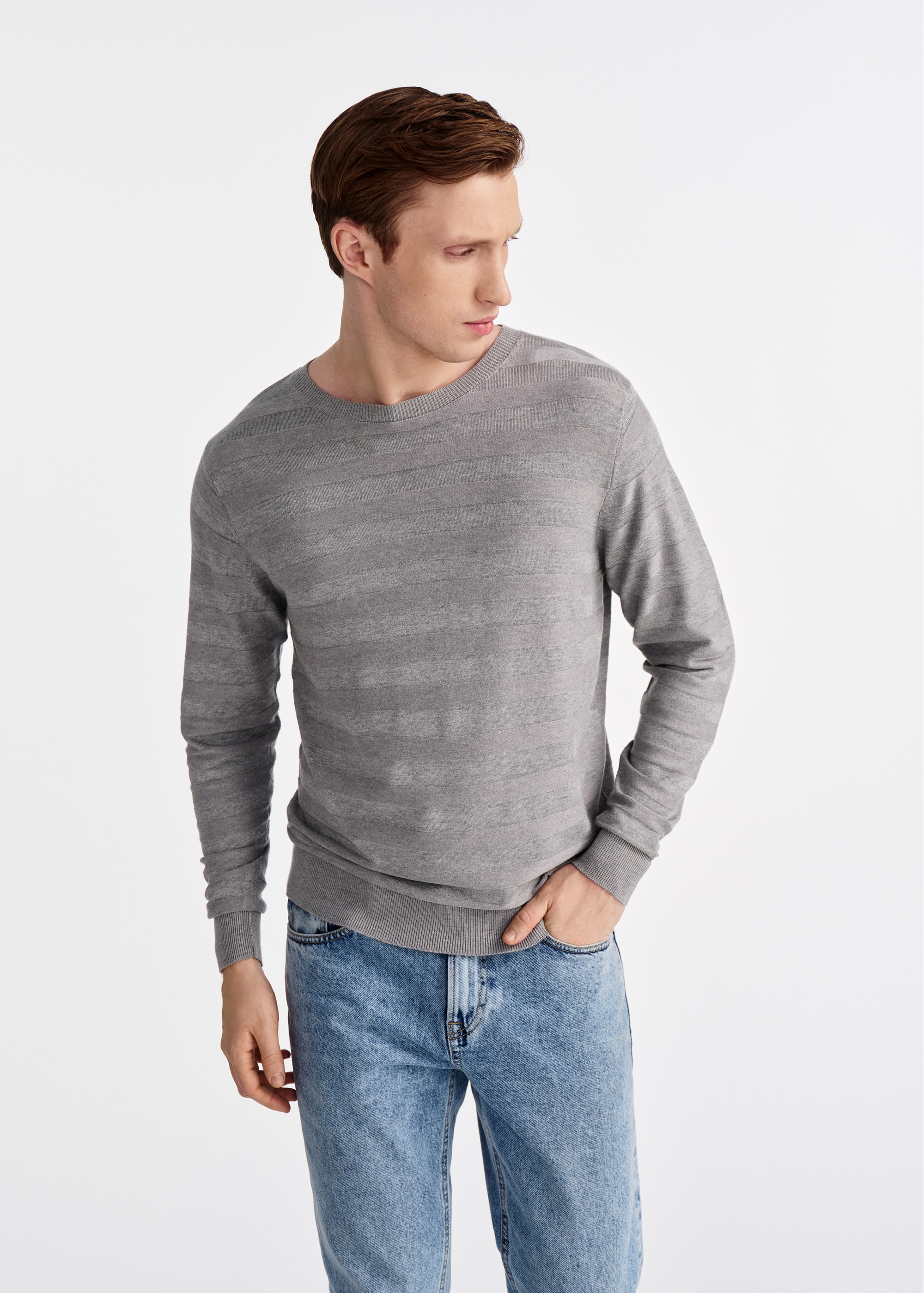 Light gray men's striped sweater SWEMT-0162-66(W25)-02