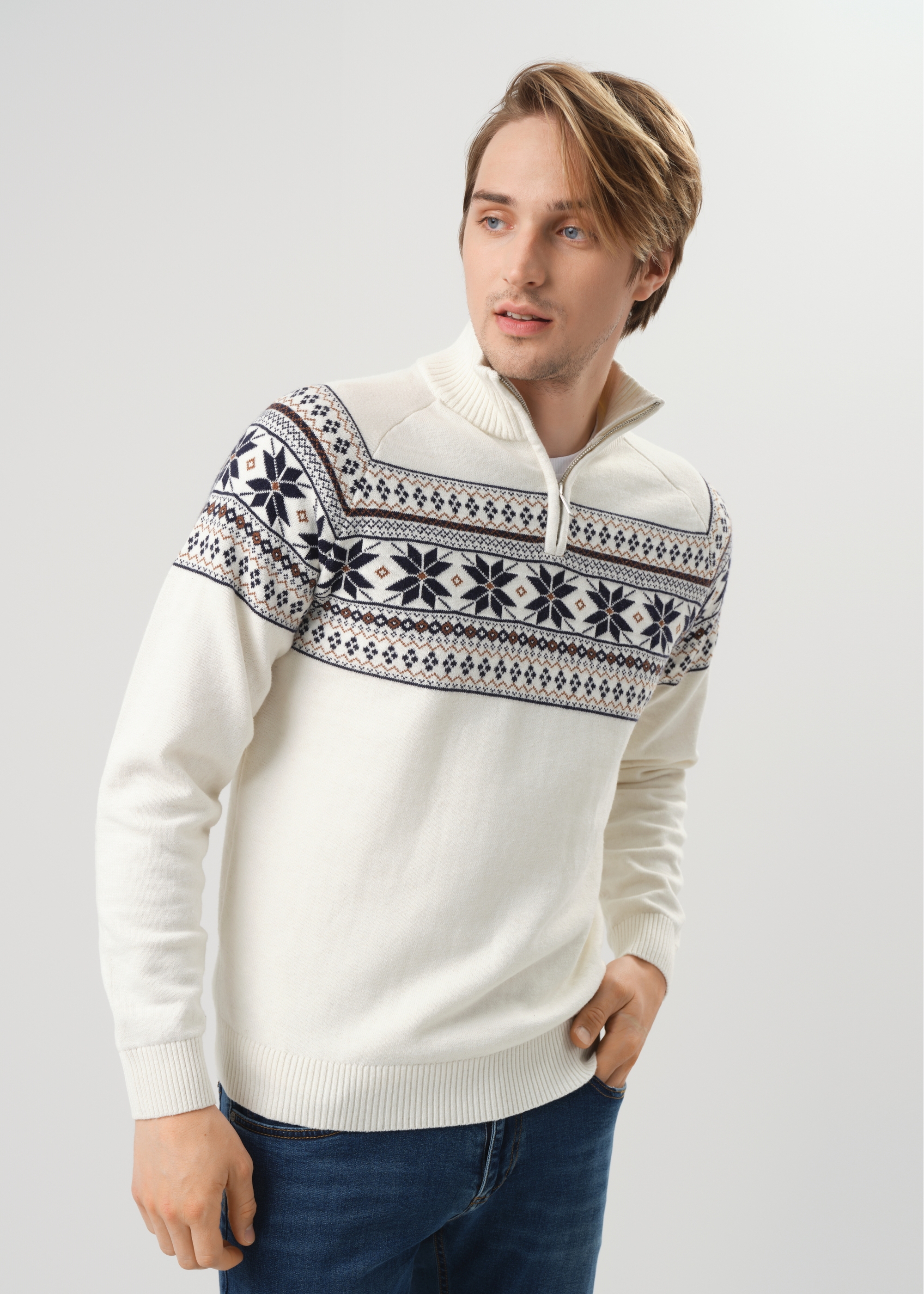 Cream Norwegian pattern men's sweater SWEMT-0133-12(Z24)-01