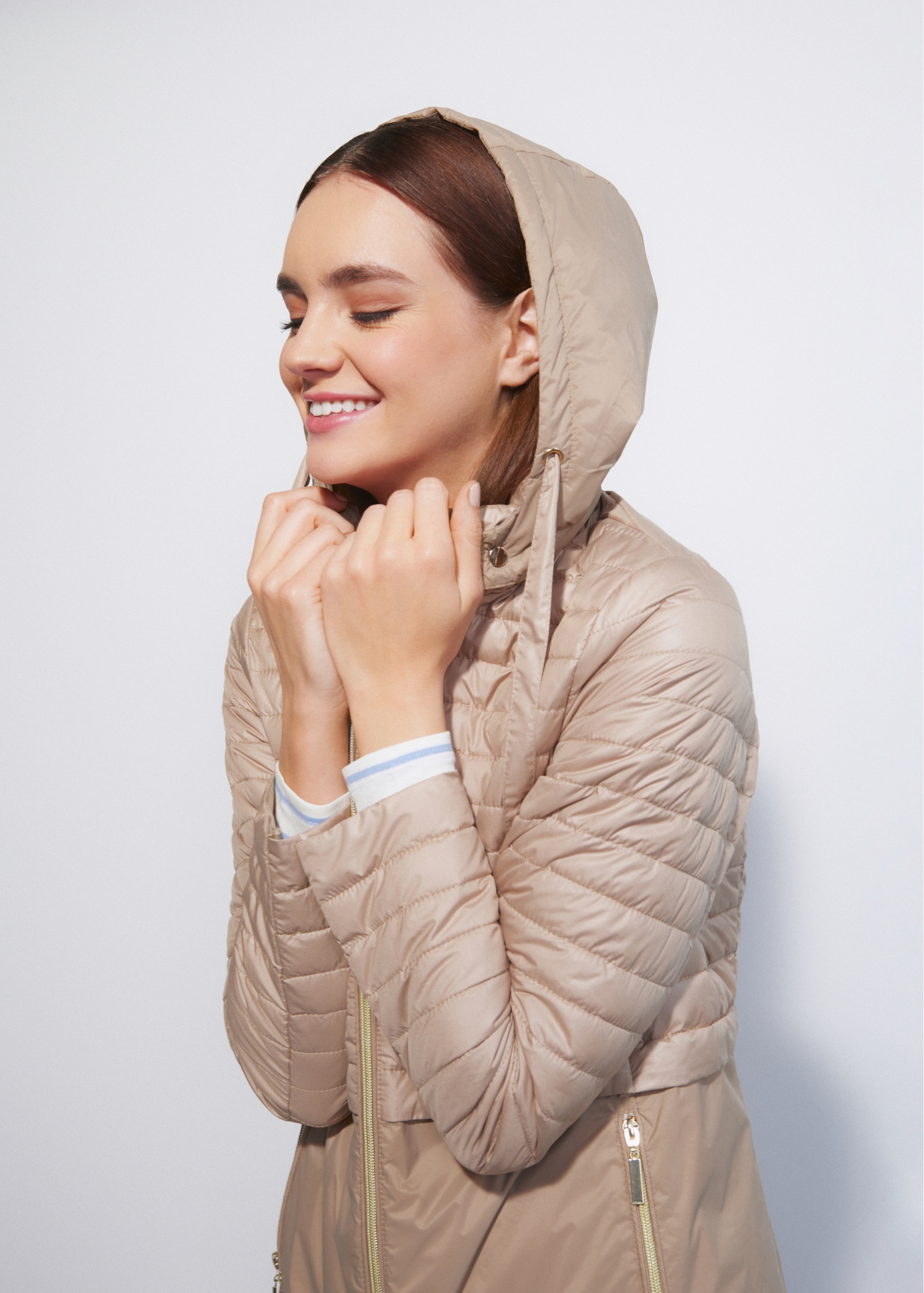 Beige women's hooded jacket KURDT-0422-81(W23)-05