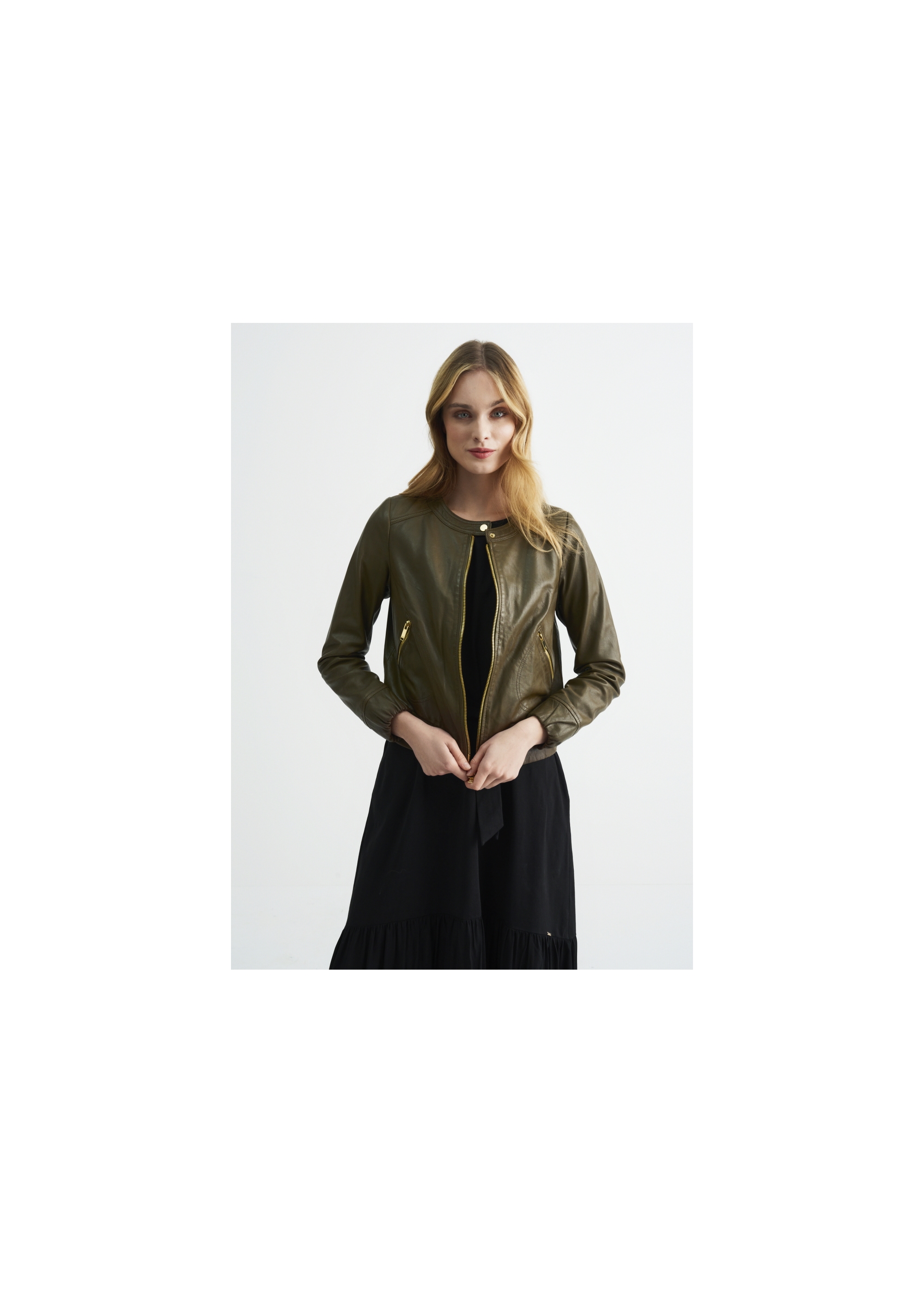 Women's leather jacket in khaki color KURDS-0342-1213(W22)-02