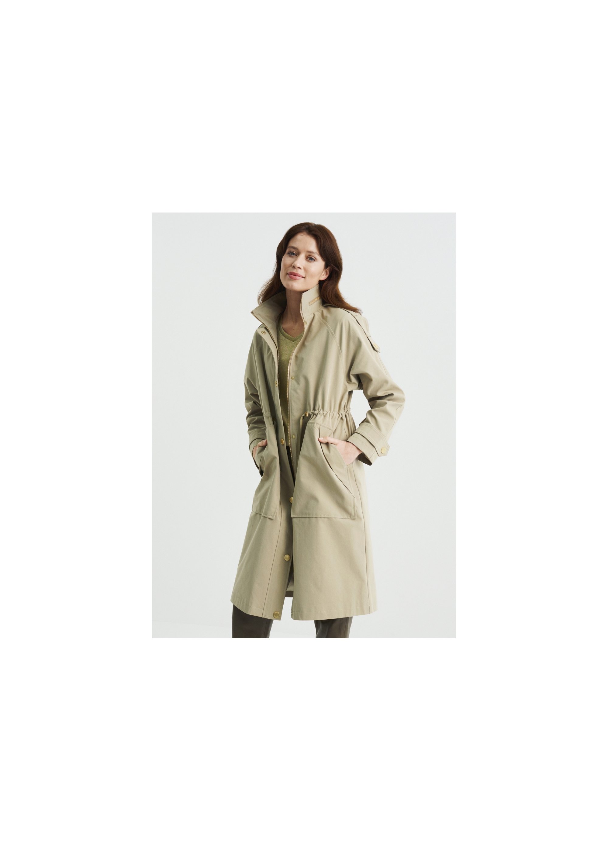 Women's olive colored coat with a button closure KURDT-0353-57(W22)-01