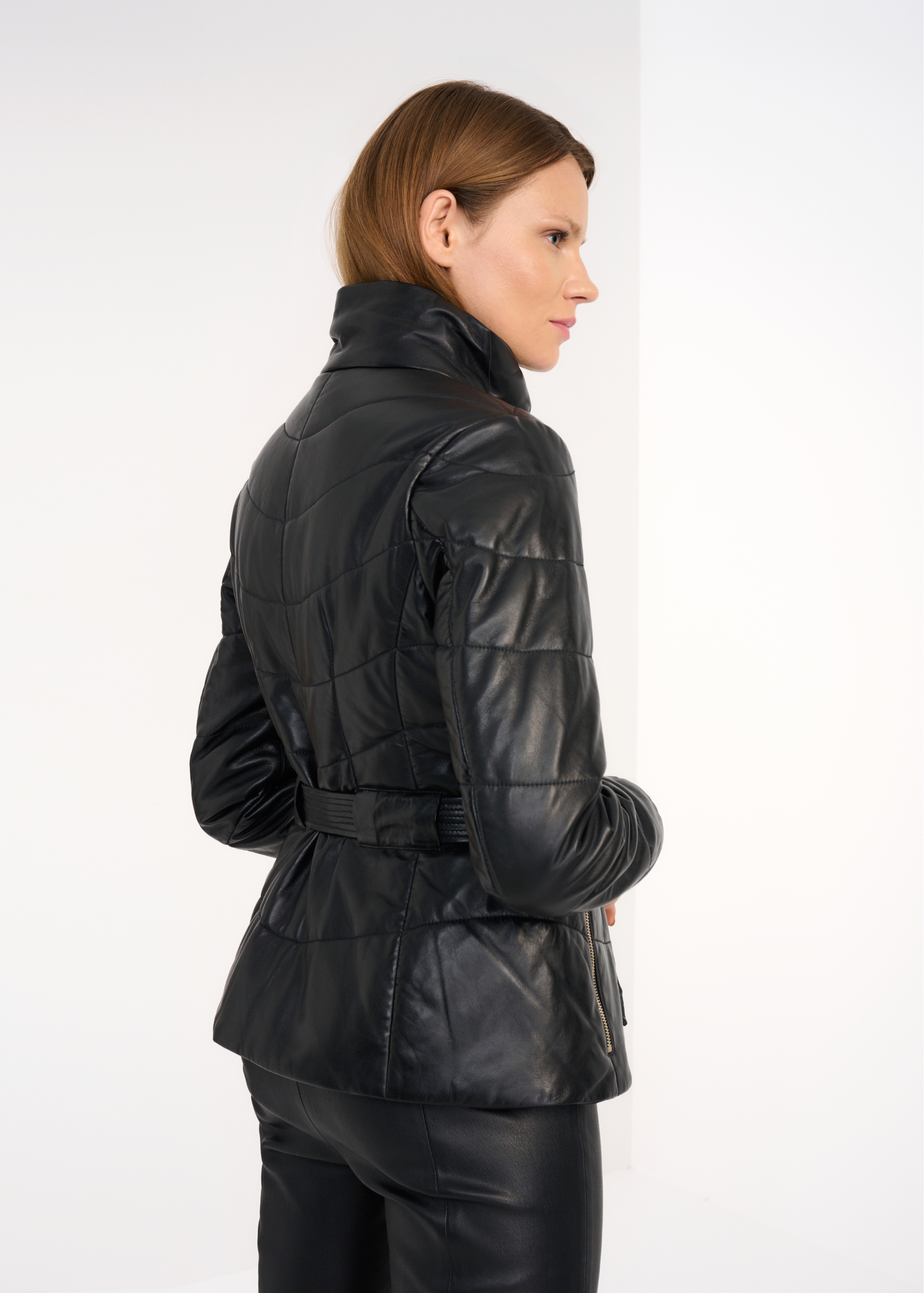 Women's quilted leather jacket with belt KURDS-0387-5506(Z22)-03