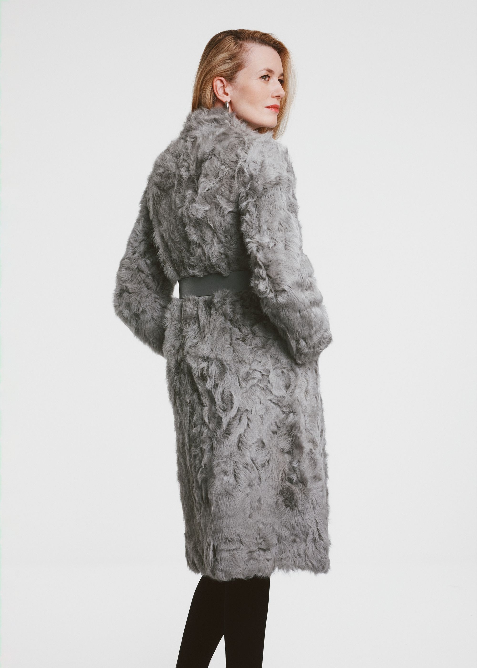 Gray long women's fur coat with belt FUTDF-0106-1671(Z24)-04