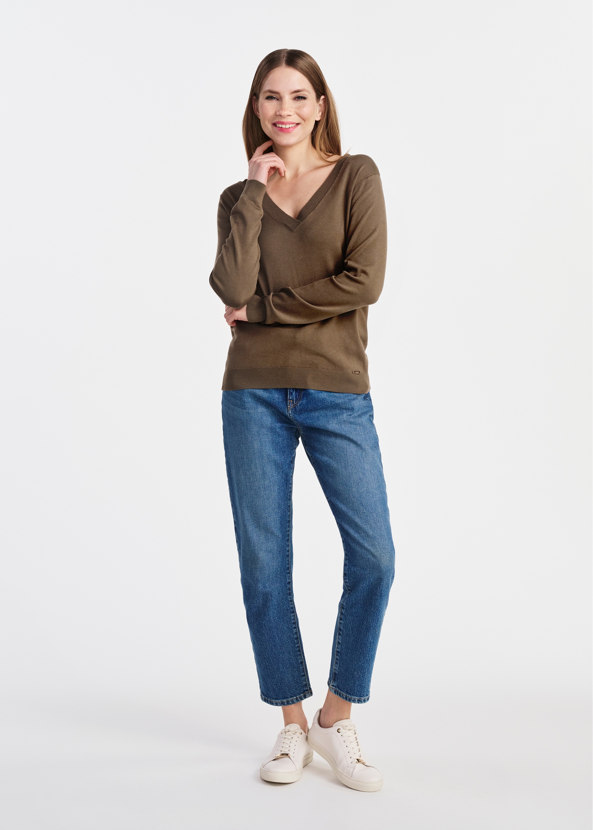 Women's V-neck sweater in khaki color SWEDT-0201-54(W25)-01